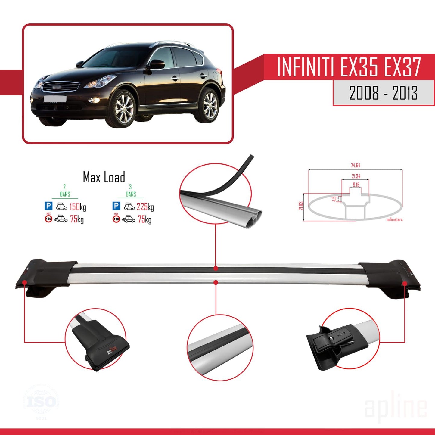 Compatible avec Infiniti EX35 EX37 2008-2013 FLY Model Barres de Toit Railing Porte-Bagages de Voiture Gris Aluminium 2 Barres