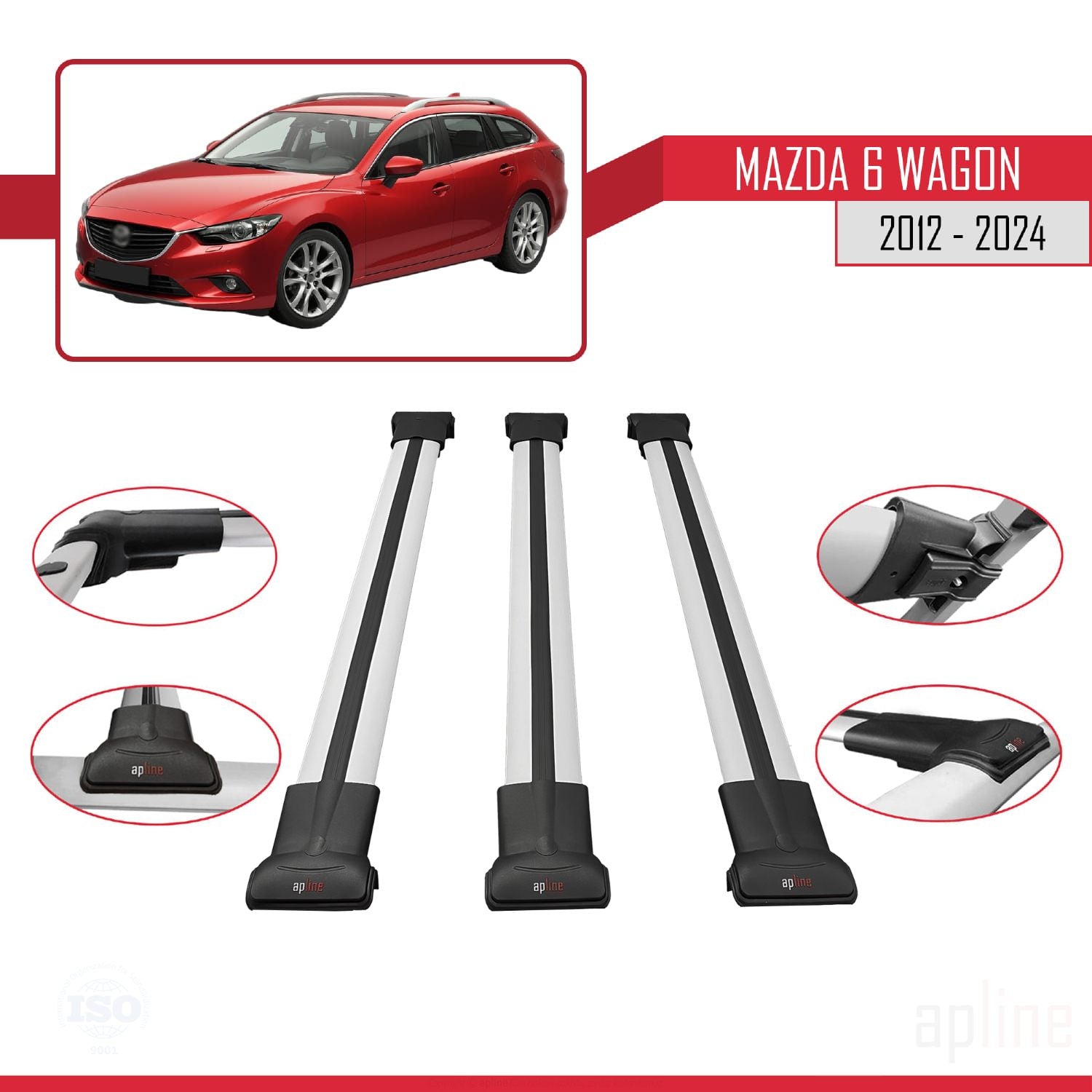 Compatible avec Mazda 6 Wagon 2012-2024 FLY Model Barres de Toit Railing Porte-Bagages de Voiture Gris Aluminium 3 Barres