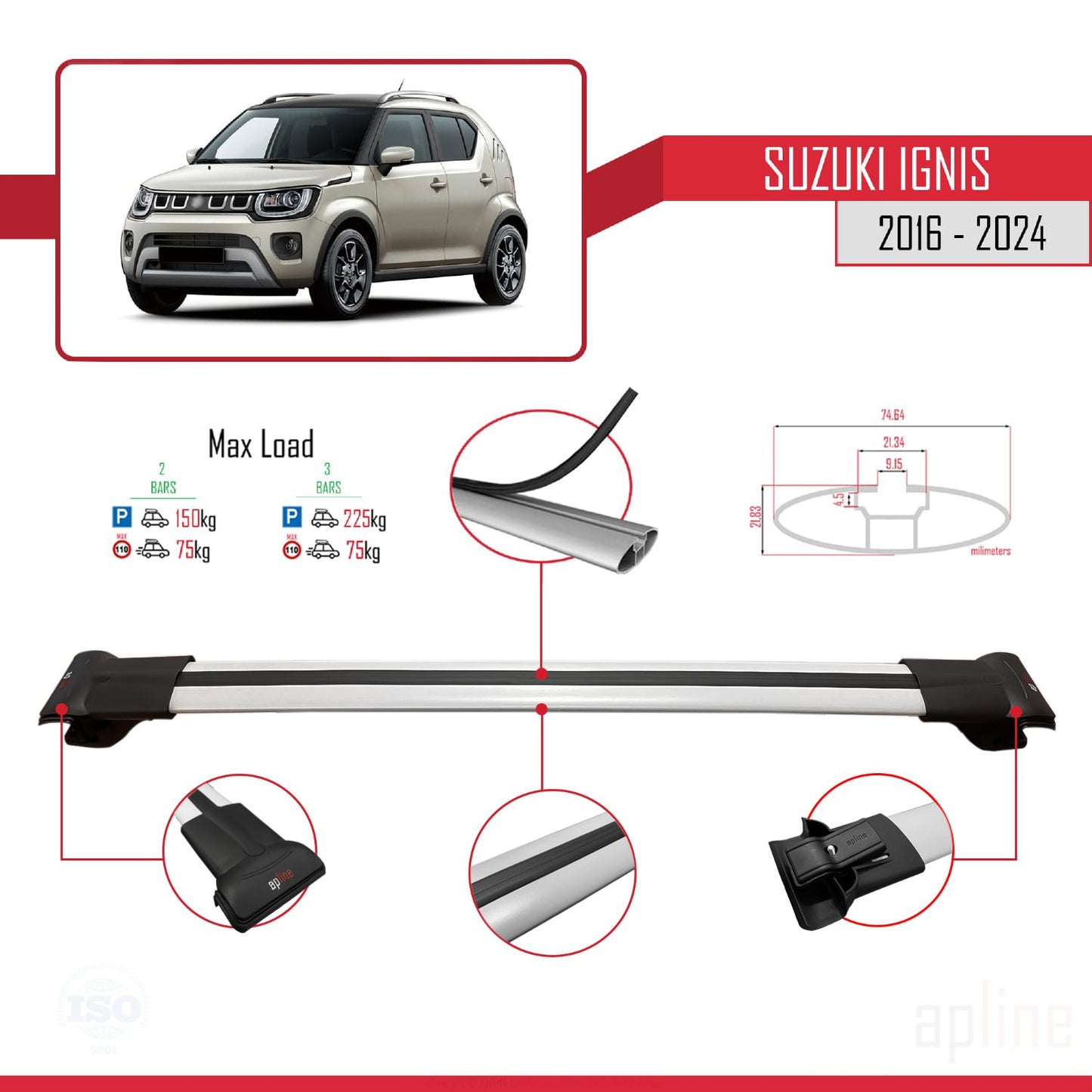 Compatible avec Suzuki Ignis 2016-2024 FLY Model Barres de Toit Railing Porte-Bagages de Voiture Gris Aluminium 3 Barres