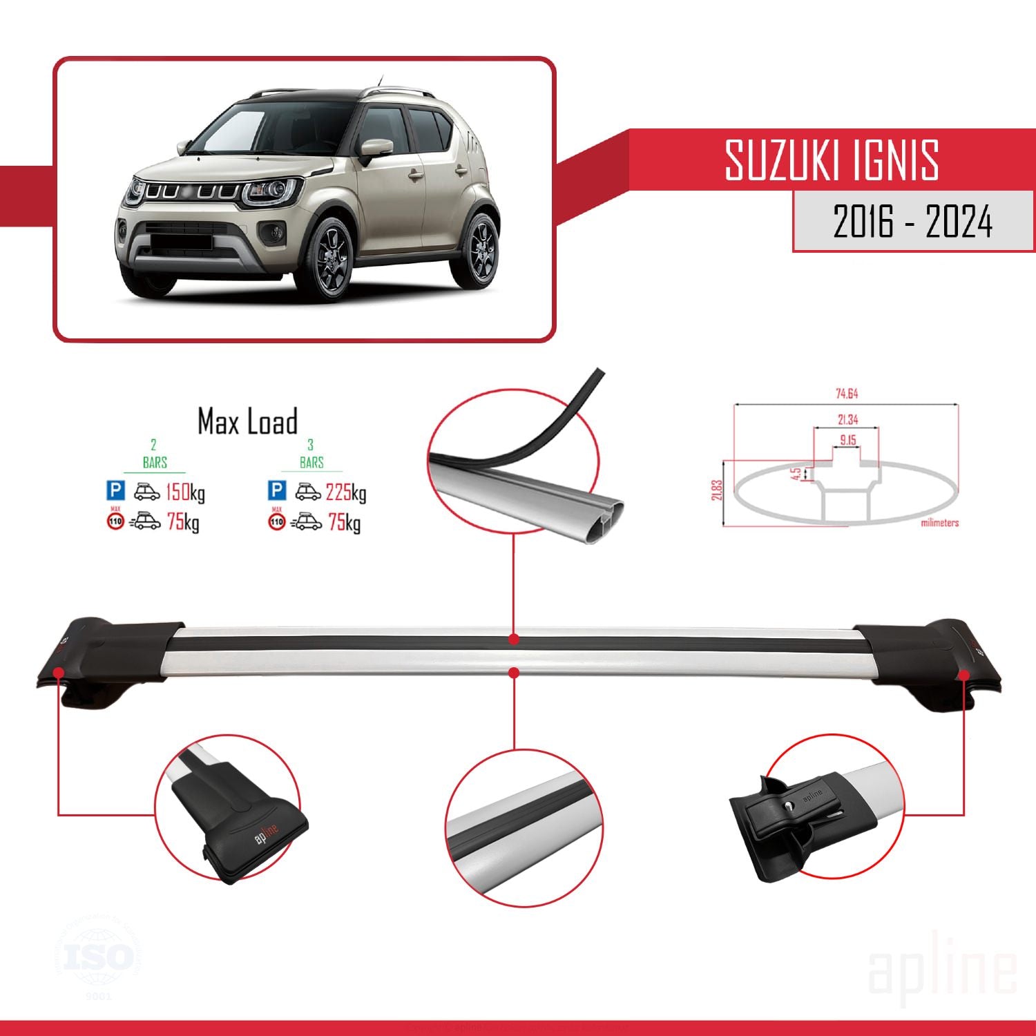 Compatible avec Suzuki Ignis 2016-2024 FLY Model Barres de Toit Railing Porte-Bagages de Voiture Gris Aluminium 3 Barres