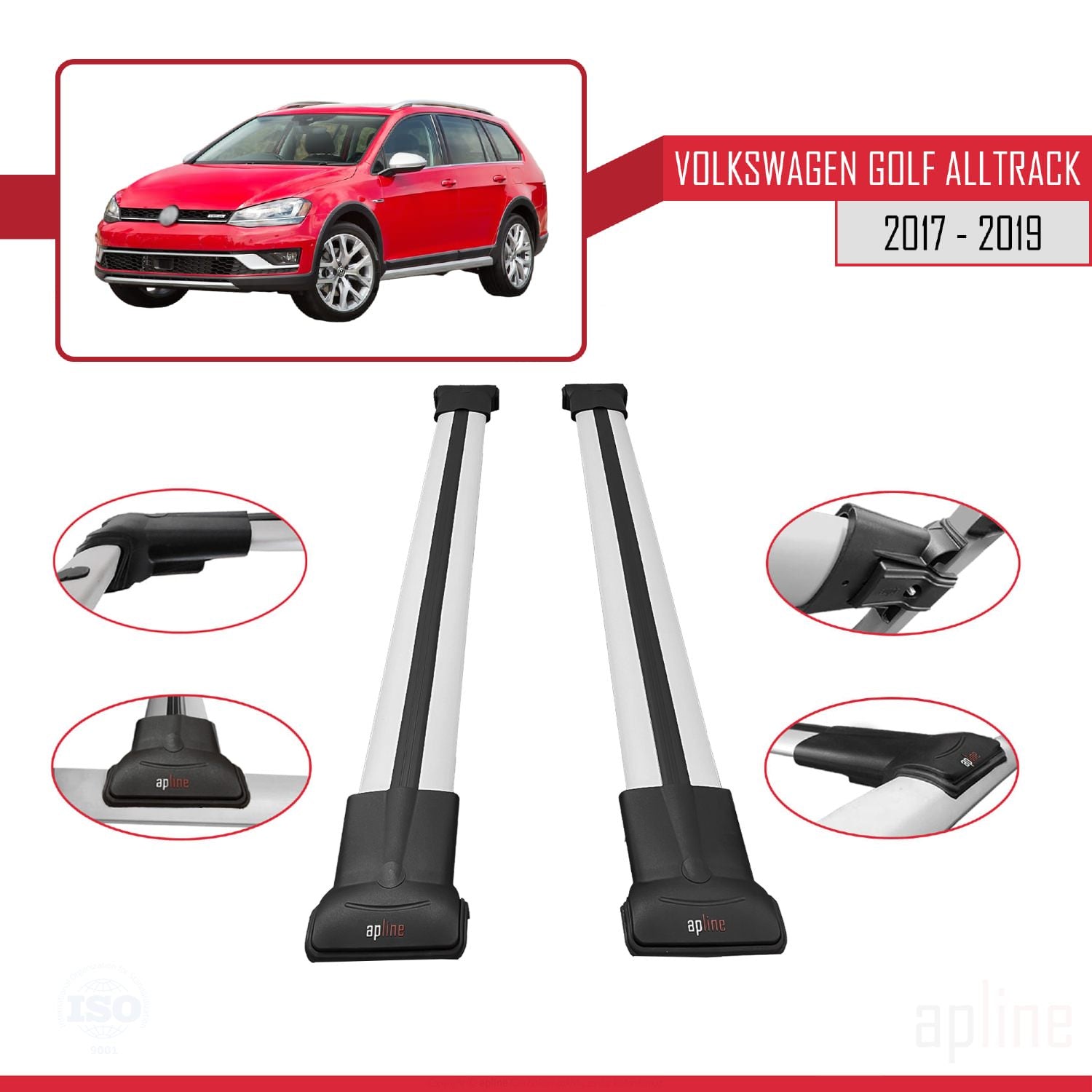 Compatible avec VW Golf Alltrack Mk7 2017-2019 FLY Model Barres de Toit Railing Porte-Bagages de Voiture Gris Aluminium 2 Barres