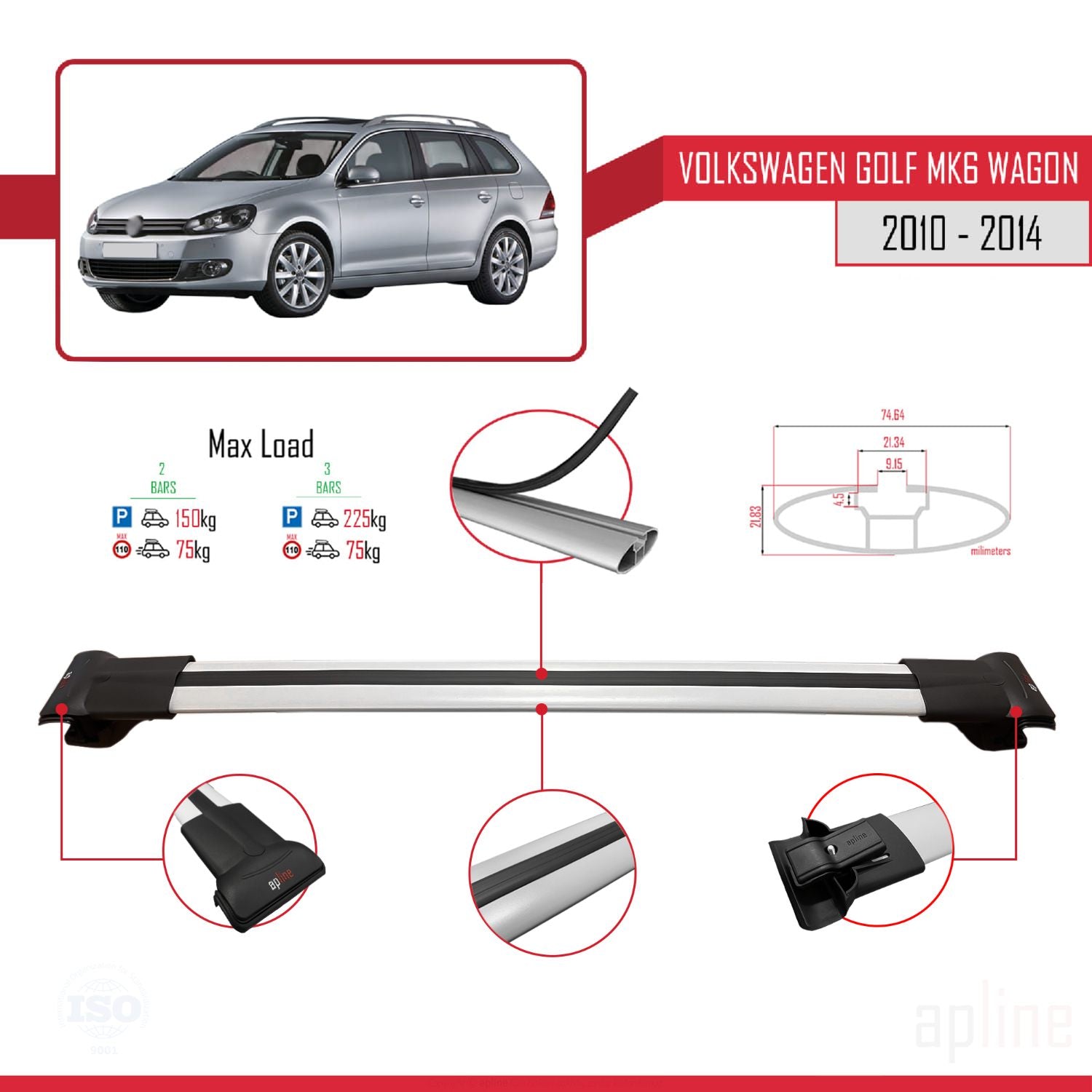 Compatible avec VW Golf Mk6 Wagon 2010-2014 FLY Model Barres de Toit Railing Porte-Bagages de Voiture Gris Aluminium 3 Barres