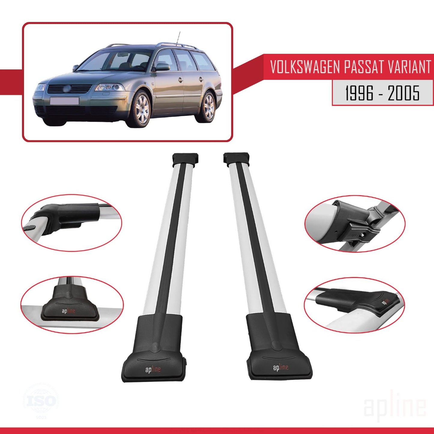 Compatible avec VW Passat B5 Variant 1996-2005 FLY Model Barres de Toit Railing Porte-Bagages de Voiture Gris Aluminium 2 Barres