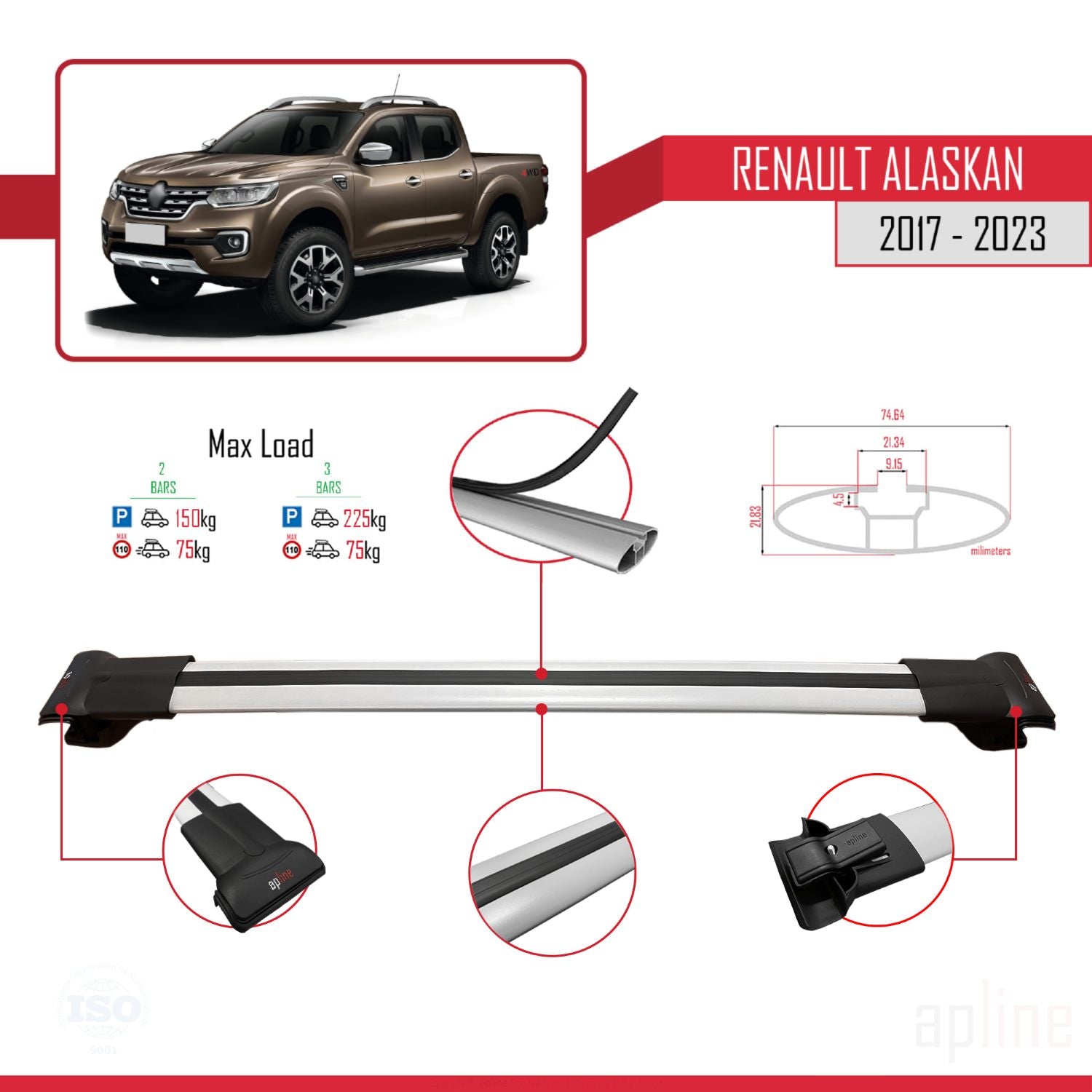 Compatible avec Renault Alaskan 2017-2023 FLY Model Barres de Toit Railing Porte-Bagages de Voiture Gris Aluminium 3 Barres