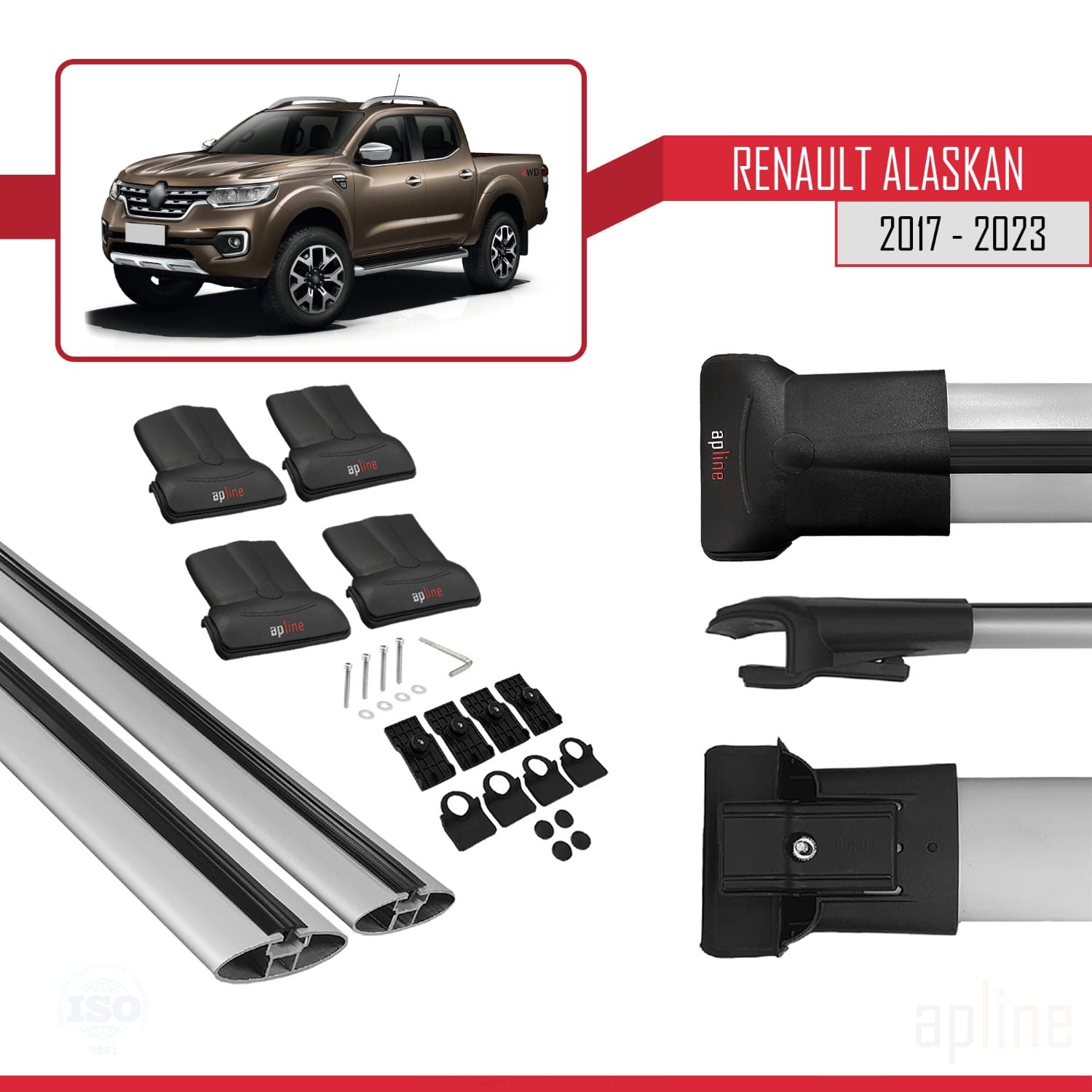 Compatible avec Renault Alaskan 2017-2023 FLY Model Barres de Toit Railing Porte-Bagages de Voiture Gris Aluminium 2 Barres