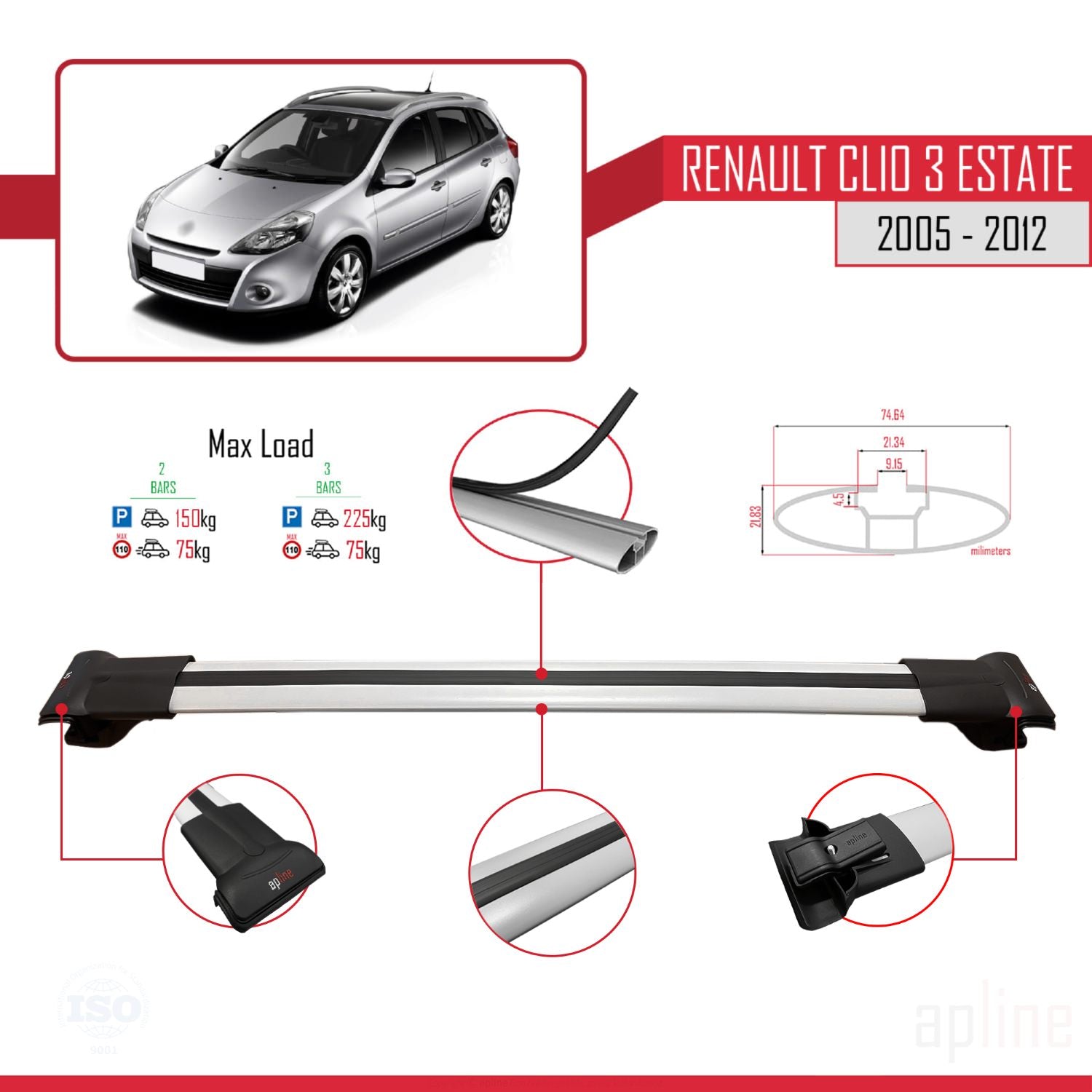Compatible avec Renault Clio 3 Estate 2005-2012 FLY Model Barres de Toit Railing Porte-Bagages de Voiture Gris Aluminium 2 Barres