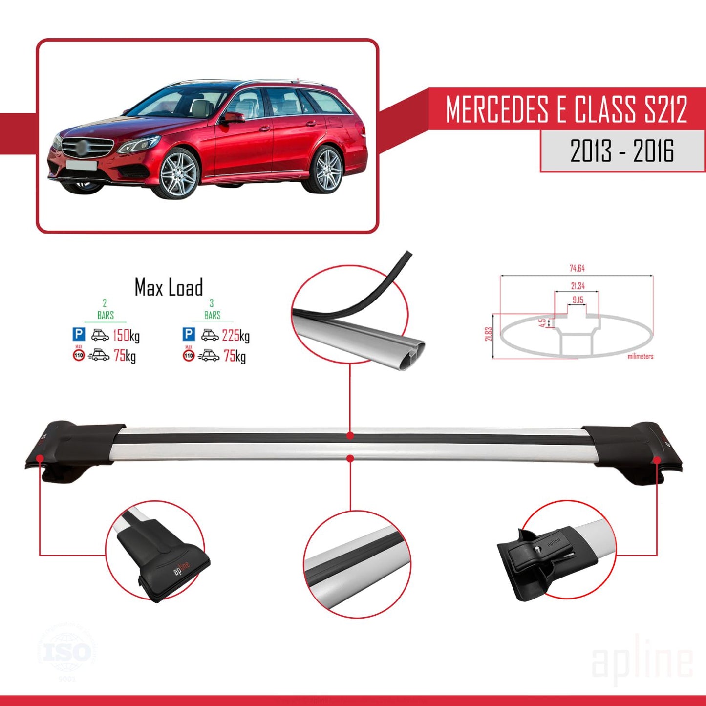Compatible avec Mercedes E Class S212 2013-2016 FLY Model Barres de Toit Railing Porte-Bagages de Voiture Gris Aluminium 2 Barres