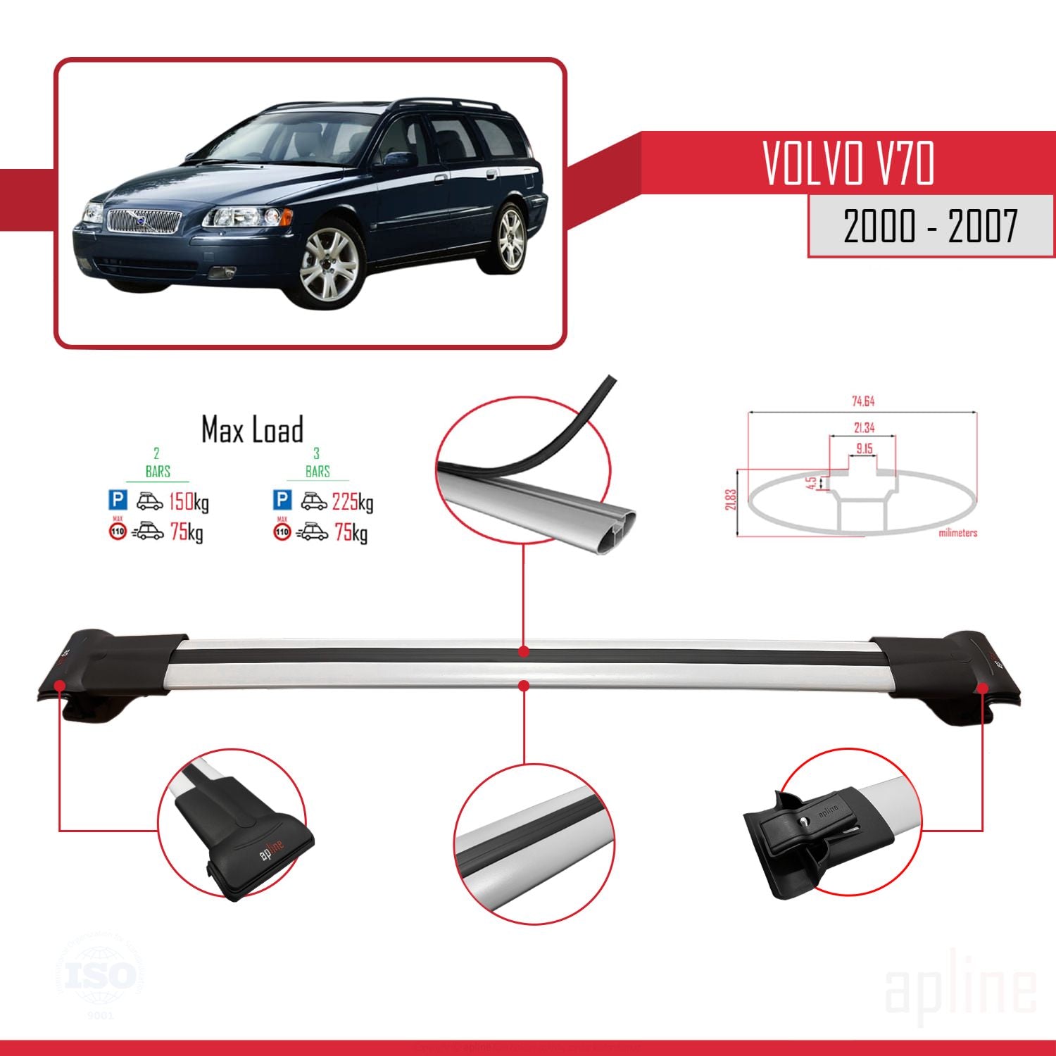 Compatible avec Volvo V70 2000-2007 FLY Model Barres de Toit Railing Porte-Bagages de Voiture Gris Aluminium 2 Barres