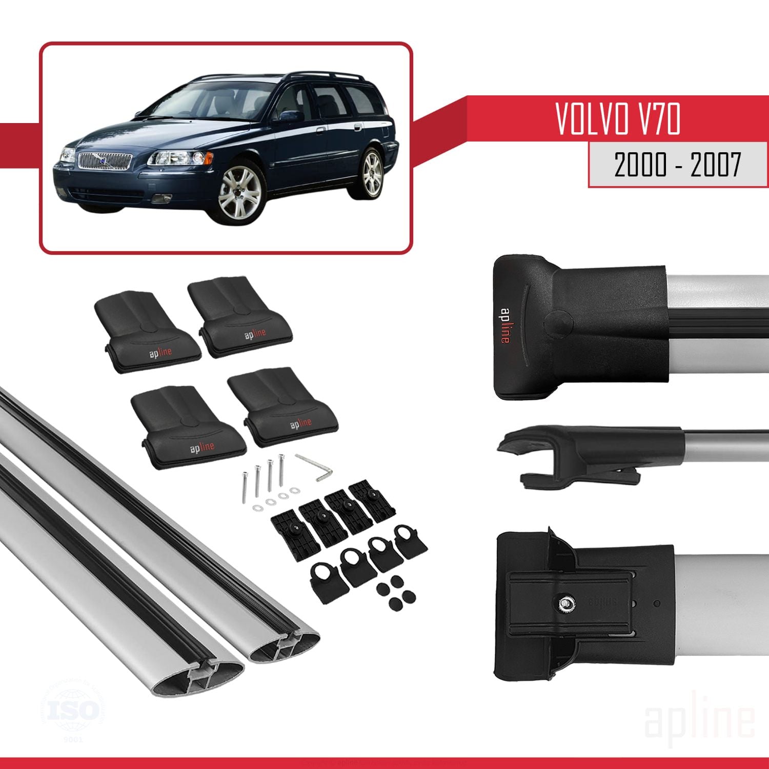Compatible avec Volvo V70 2000-2007 FLY Model Barres de Toit Railing Porte-Bagages de Voiture Gris Aluminium 2 Barres