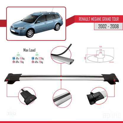 Compatible avec Renault Megane Grand Tour 2002-2008 FLY Model Barres de Toit Railing Porte-Bagages de Voiture Gris Aluminium 3 Barres