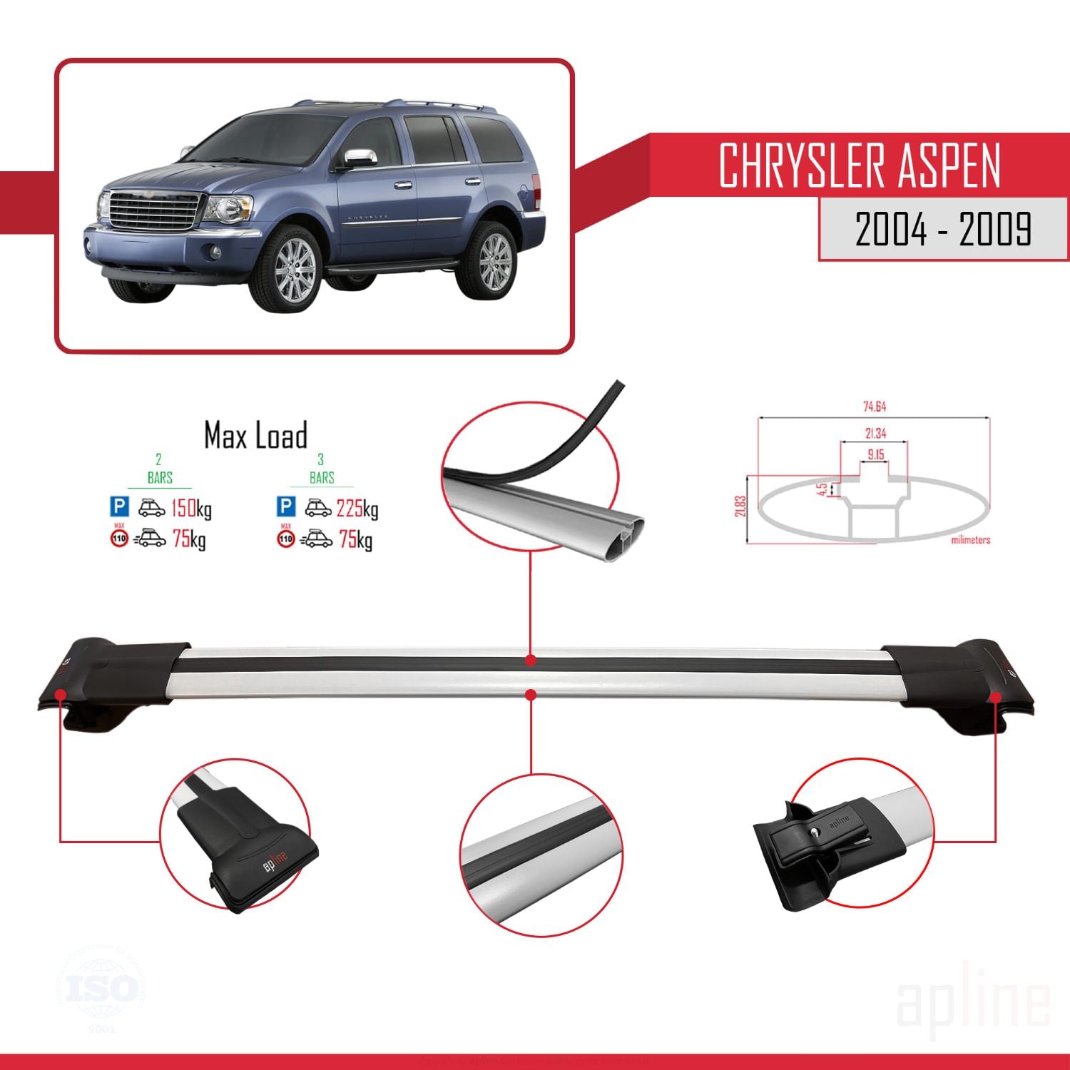 Compatible avec Chrysler Aspen 2004-2009 FLY Model Barres de Toit Railing Porte-Bagages de Voiture Gris Aluminium 3 Barres