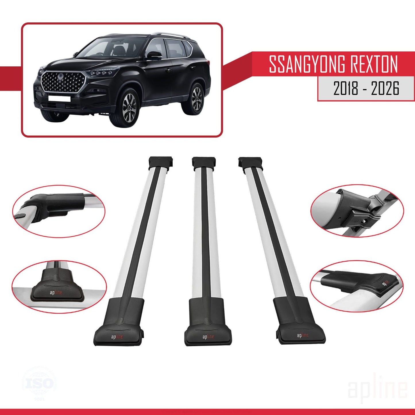 Compatible avec SsangYong Rexton 2018-2025 FLY Model Barres de Toit Railing Porte-Bagages de Voiture Gris Aluminium 3 Barres