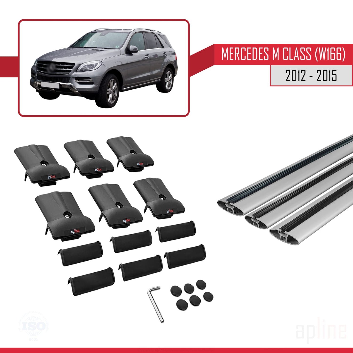 Compatible avec Mercedes M Class 3 (W166) Pre-Facelift 2012-2015 FLY Model Barres de Toit Railing Porte-Bagages de Voiture Gris Aluminium 3 Barres