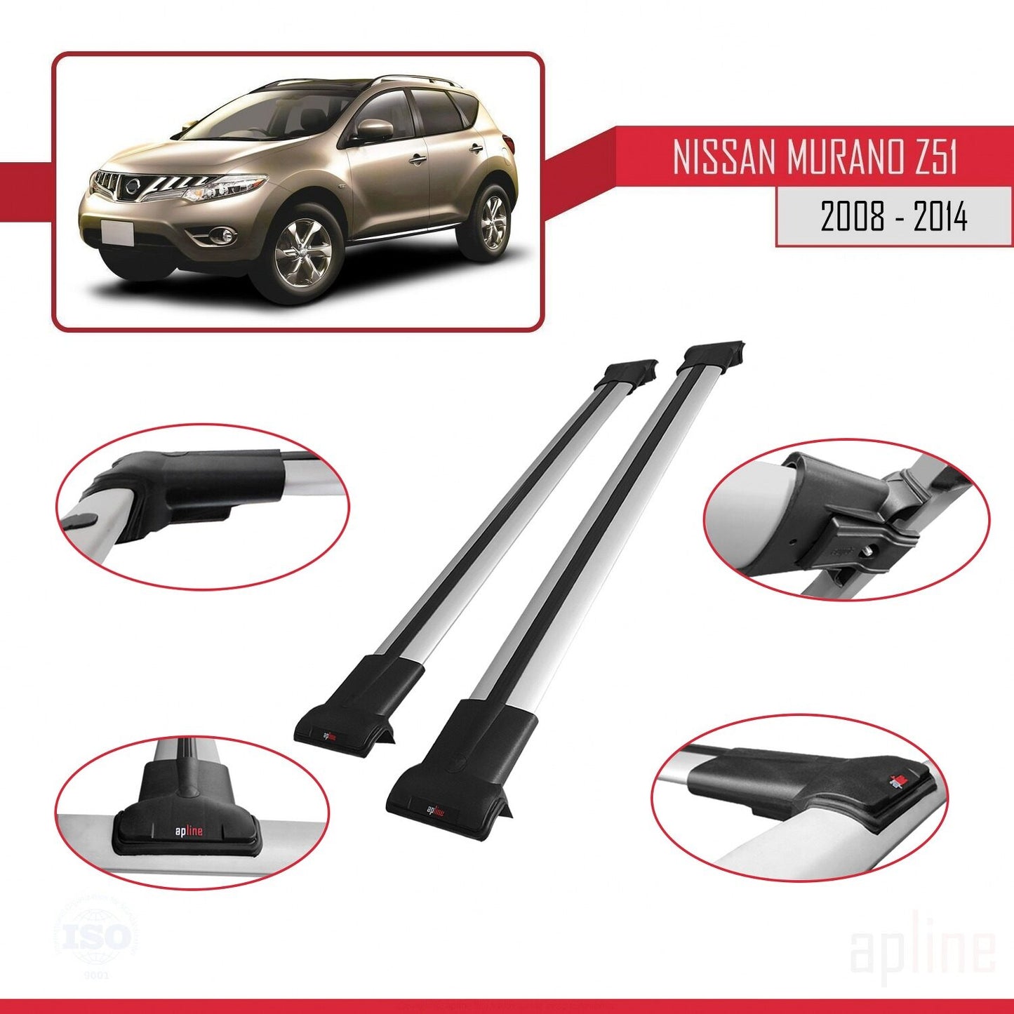 Compatible with Nissan Murano 2 (Z51) 2008-2014 FLY Model Car Roof Rack Cross Bar Grey Aluminium 2 Bars