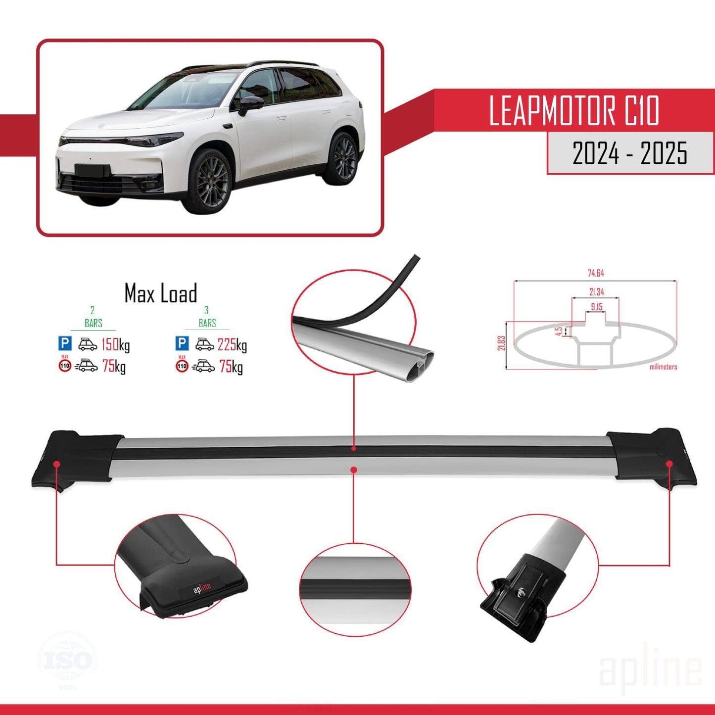 Compatible avec LEAPMOTOR C10 2024-2025 FLY Model Barres de Toit Railing Porte-Bagages de Voiture Gris Aluminium 2 Barres