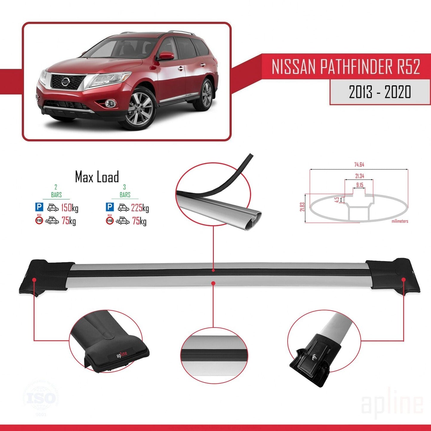 Compatible avec Nissan Pathfinder 4 (R52) 2013-2020 FLY Model Barres de Toit Railing Porte-Bagages de Voiture Gris Aluminium 2 Barres