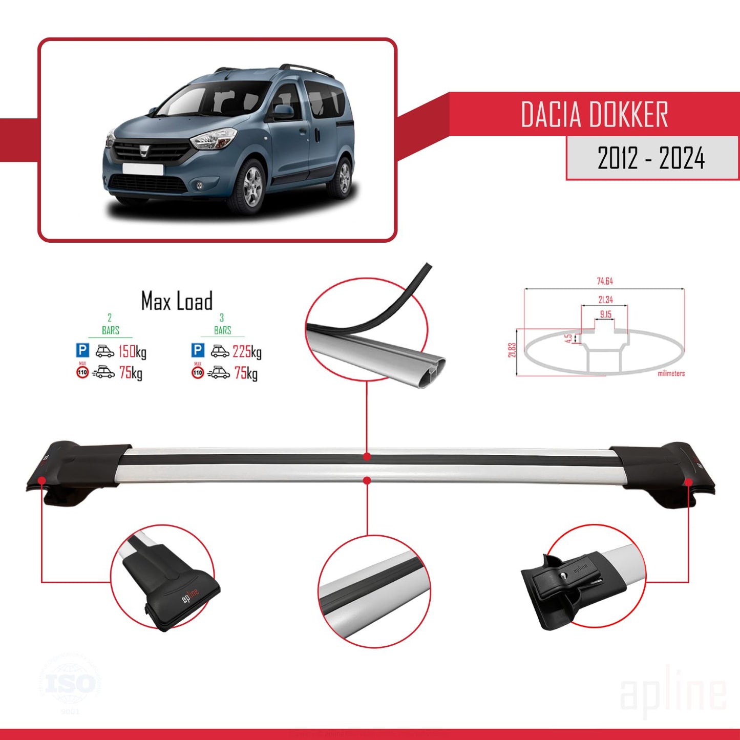 Compatible avec Dacia Dokker (K67) V2 2012-2024 FLY Model Barres de Toit Railing Porte-Bagages de Voiture Gris Aluminium 3 Barres