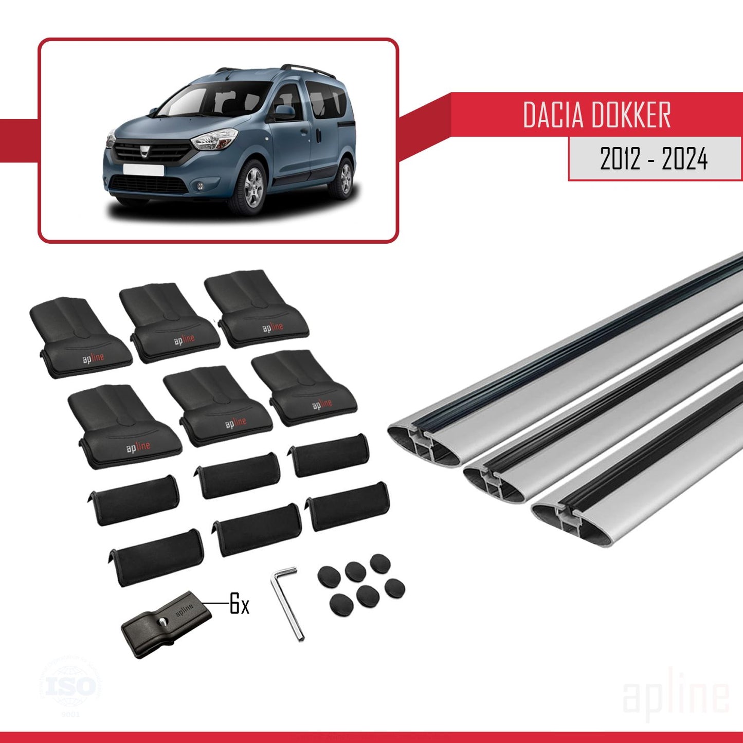 Compatible avec Dacia Dokker (K67) V2 2012-2024 FLY Model Barres de Toit Railing Porte-Bagages de Voiture Gris Aluminium 3 Barres