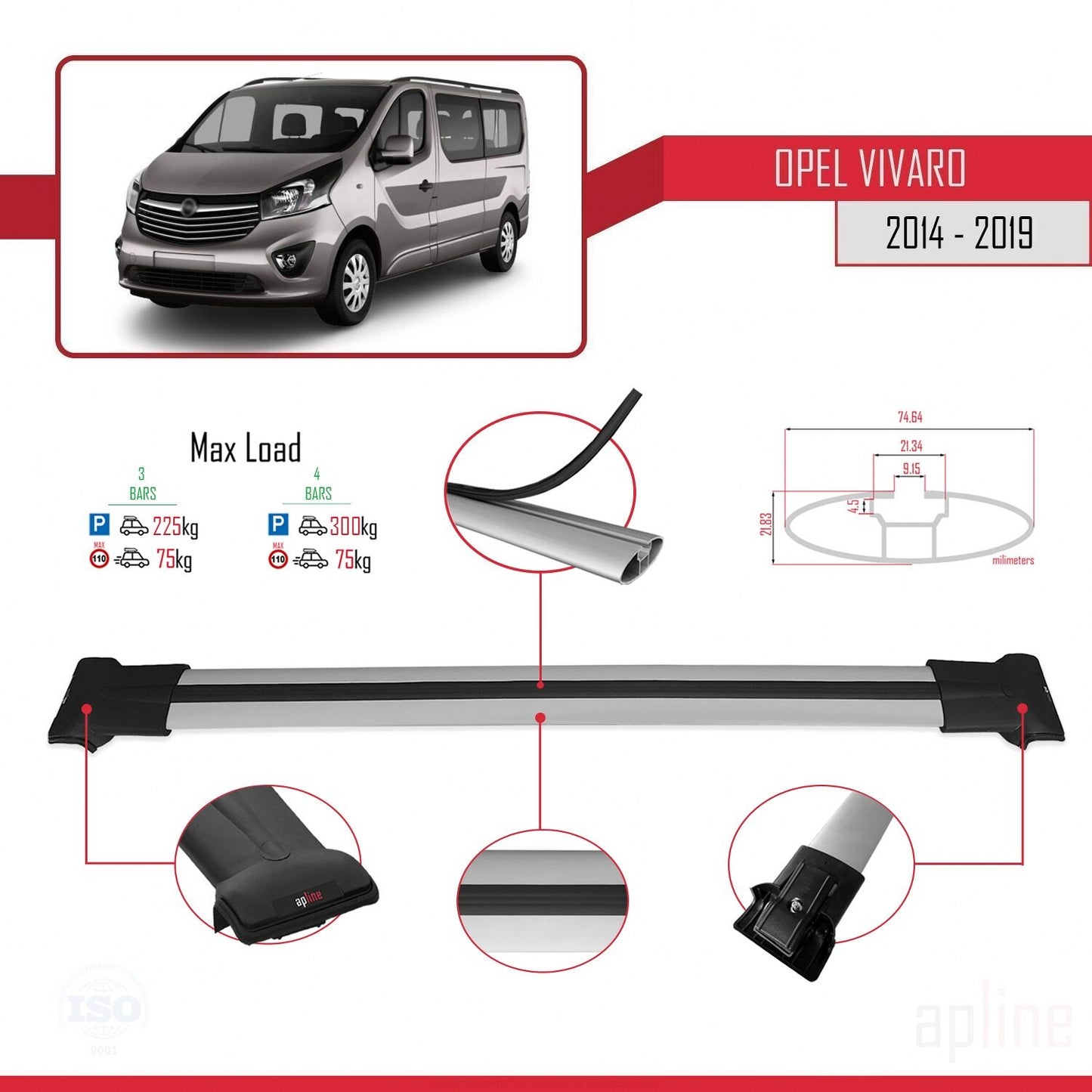 Compatible avec Opel Vivaro B 2014-2019 FLY Model Barres de Toit Railing Porte-Bagages de Voiture Gris Aluminium 4 Barres
