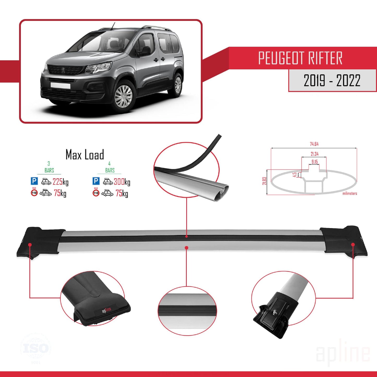 Compatible avec Peugeot Rifter 2019-2022 FLY Model Barres de Toit Railing Porte-Bagages de Voiture Gris Aluminium 3 Barres