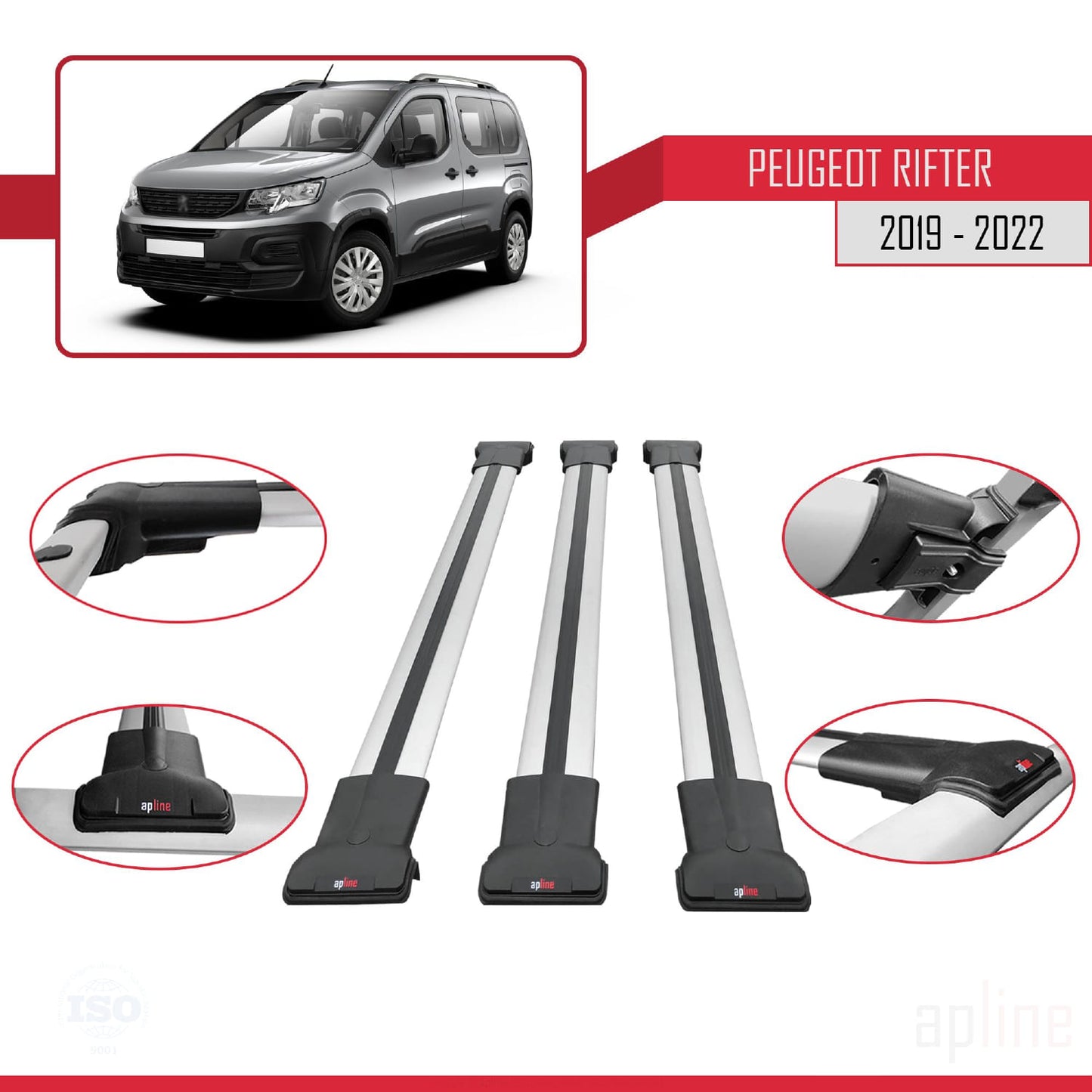 Compatible avec Peugeot Rifter 2019-2022 FLY Model Barres de Toit Railing Porte-Bagages de Voiture Gris Aluminium 3 Barres
