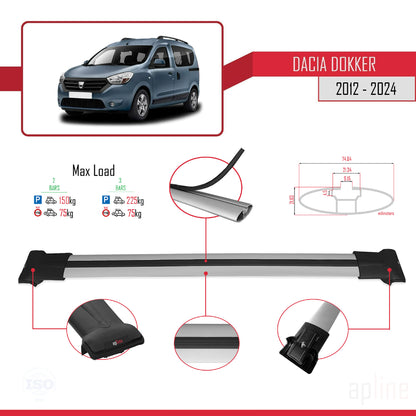 Compatible avec Dacia Dokker (K67) 2012-2023 FLY Model Barres de Toit Railing Porte-Bagages de Voiture Gris Aluminium 2 Barres
