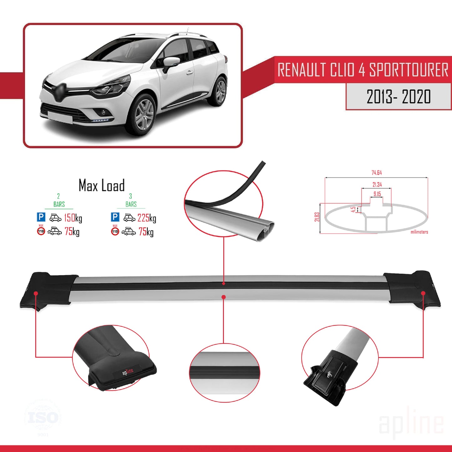 Compatible avec Renault Clio 4 ST 2013-2020 FLY Model Barres de Toit Railing Porte-Bagages de Voiture Gris Aluminium 2 Barres