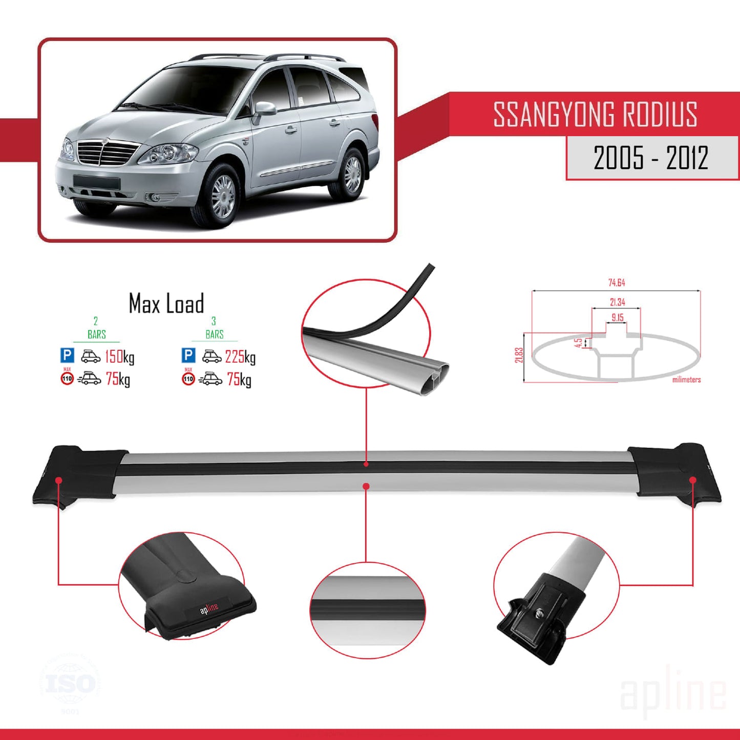 Compatible avec Ssangyong Rodius 2005-2012 FLY Model Barres de Toit Railing Porte-Bagages de Voiture Gris Aluminium 2 Barres