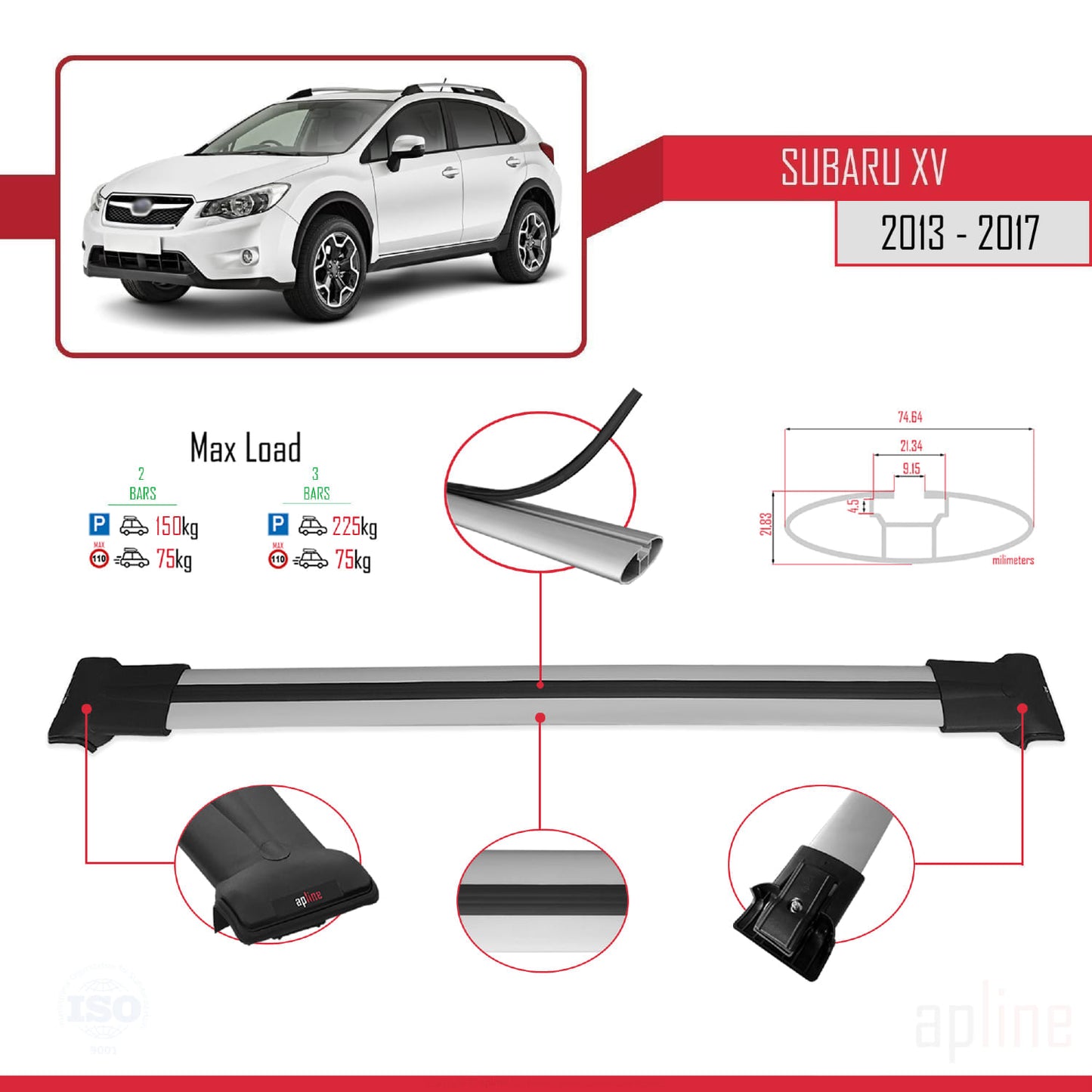 Compatible avec Subaru XV 2013-2017 FLY Model Barres de Toit Railing Porte-Bagages de Voiture Gris Aluminium 2 Barres