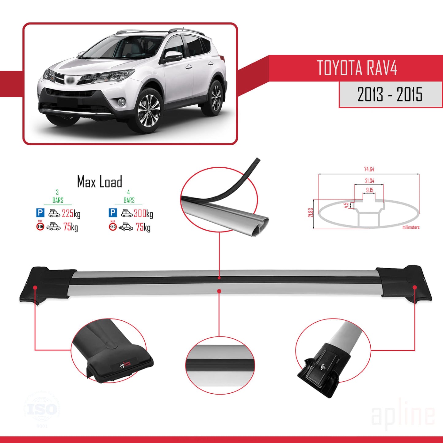 Compatible avec Toyota RAV4 IV (XA40) Pre-Facelift 2013-2015 FLY Model Barres de Toit Railing Porte-Bagages de Voiture Gris Aluminium 3 Barres