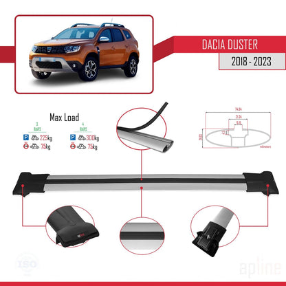 Compatible avec Dacia Duster 2 (HM) 2018-2024 FLY Model Barres de Toit Railing Porte-Bagages de Voiture Gris Aluminium 3 Barres