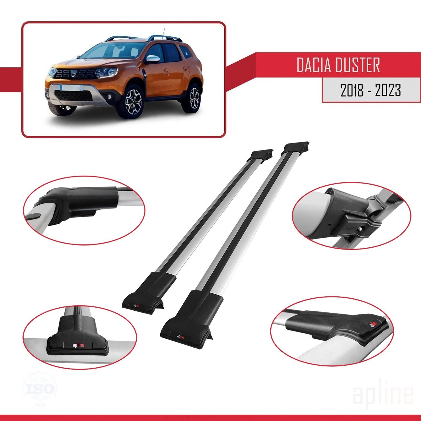 Compatible avec Dacia Duster 2 (HM) 2018-2024 FLY Model Barres de Toit Railing Porte-Bagages de Voiture Gris Aluminium 2 Barres