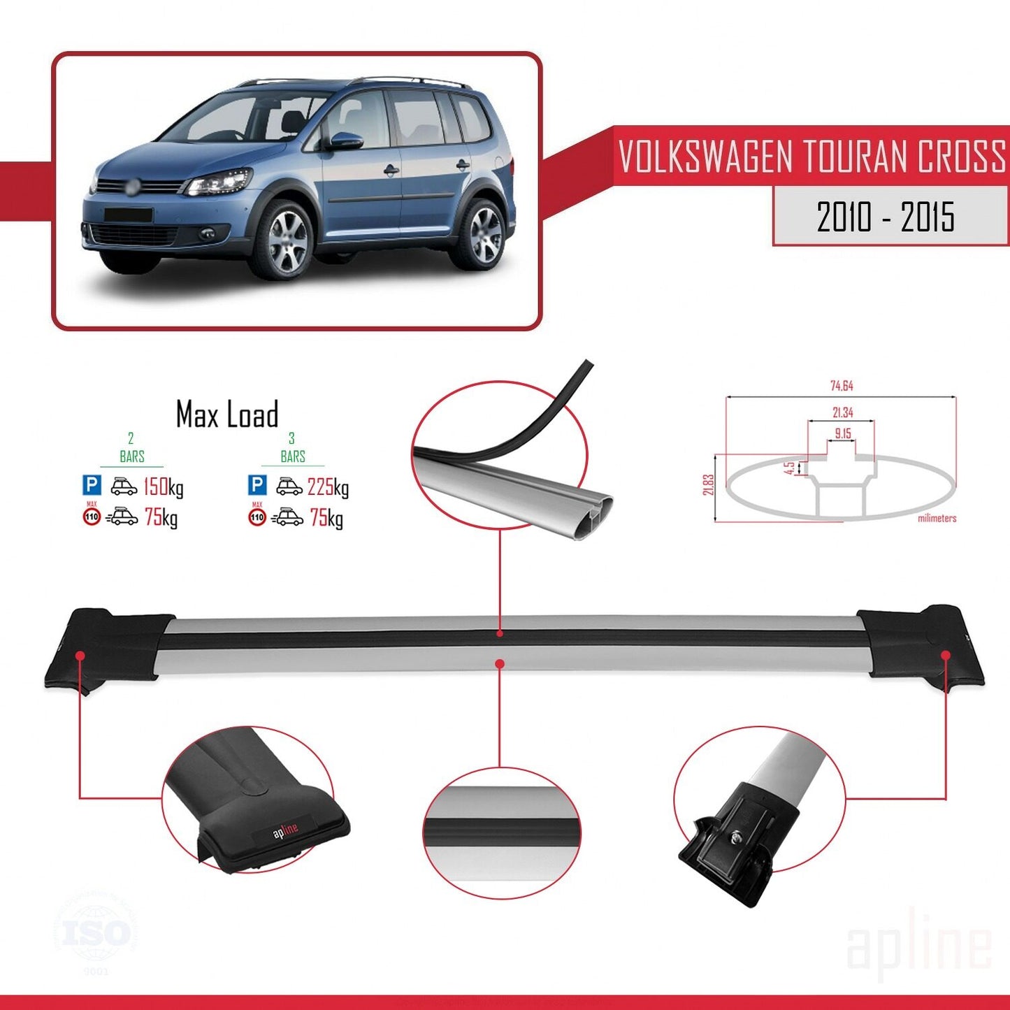 Compatible avec Volkswagen Touran Cross Post-Facelift 2010-2015 FLY Model Barres de Toit Railing Porte-Bagages de Voiture Gris Aluminium 2 Barres