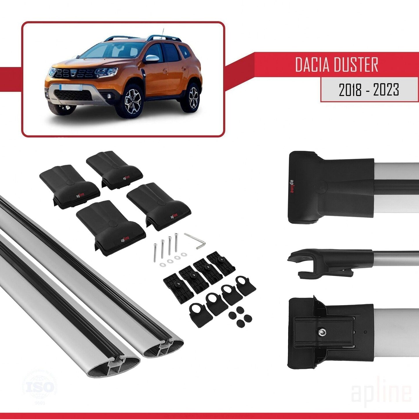 Compatible avec Dacia Duster 2 (HM) 2018-2024 FLY Model Barres de Toit Railing Porte-Bagages de Voiture Gris Aluminium 2 Barres