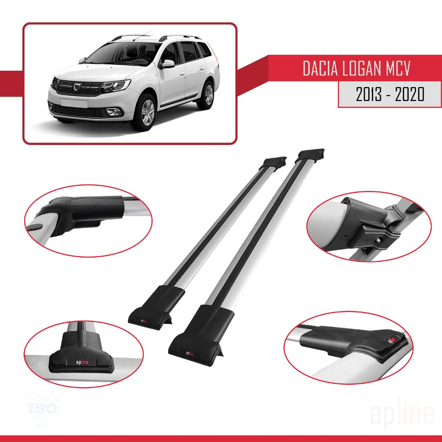 Compatible avec Dacia Logan 2 MCV (K52) 2013-2020 FLY Model Barres de Toit Railing Porte-Bagages de Voiture Gris Aluminium 2 Barres