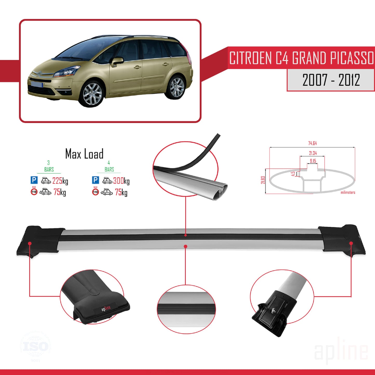 Compatible avec Citroen Grand C4 Picasso 2007-2012 FLY Model Barres de Toit Railing Porte-Bagages de Voiture Gris Aluminium 3 Barres