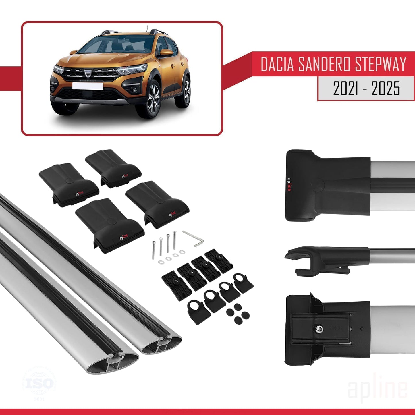 Compatible avec Dacia Sandero Stepway 3 2021-2025 FLY Model Barres de Toit Railing Porte-Bagages de Voiture Gris Aluminium 2 Barres