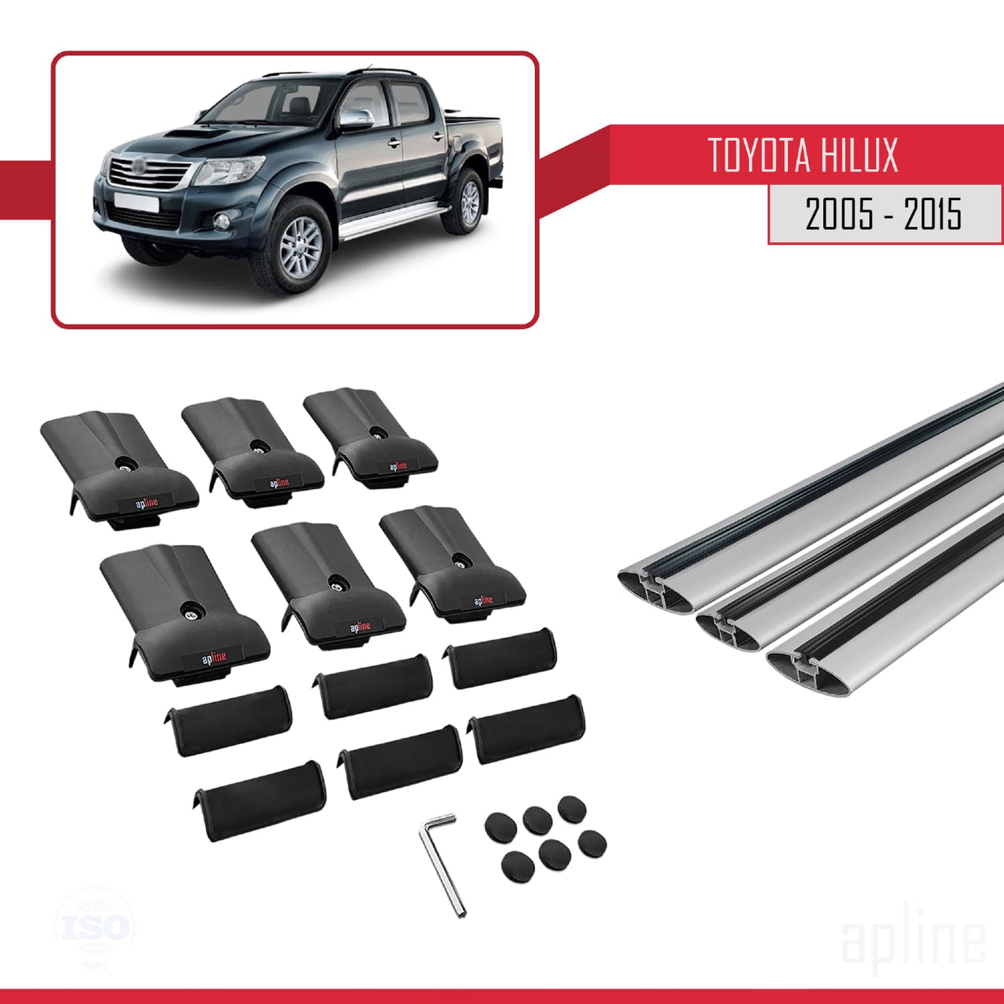 Compatible avec Toyota Hilux 7 (AN30) 2005-2015 FLY Model Barres de Toit Railing Porte-Bagages de Voiture Gris Aluminium 3 Barres