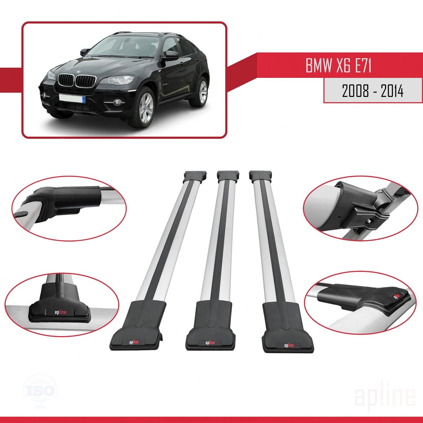 Compatible avec BMW X6 (E71) 2008-2014 FLY Model Barres de Toit Railing Porte-Bagages de Voiture Gris Aluminium 3 Barres