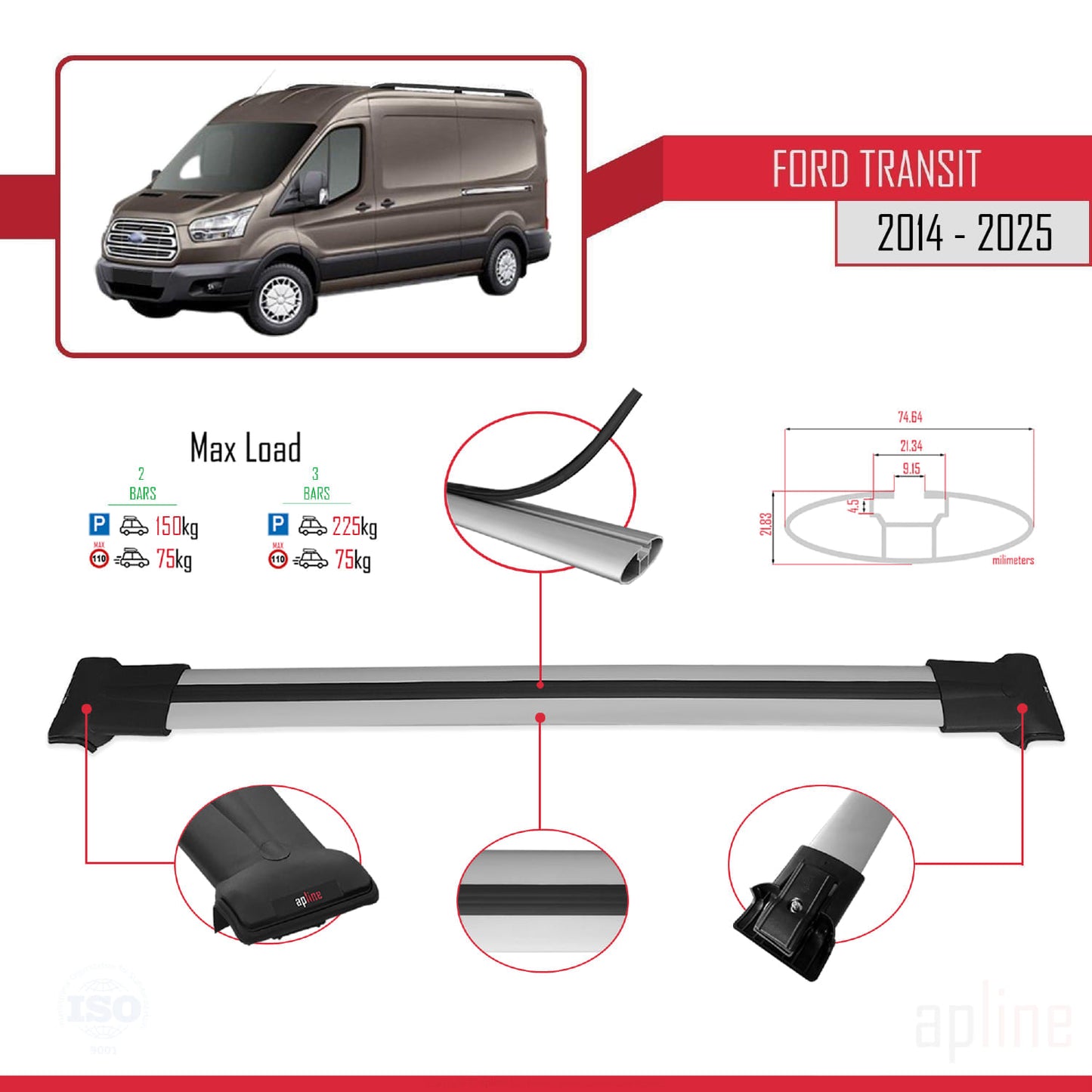 Compatible avec Ford Transit 2014-2025 FLY Model Barres de Toit Railing Porte-Bagages de Voiture Gris Aluminium 2 Barres