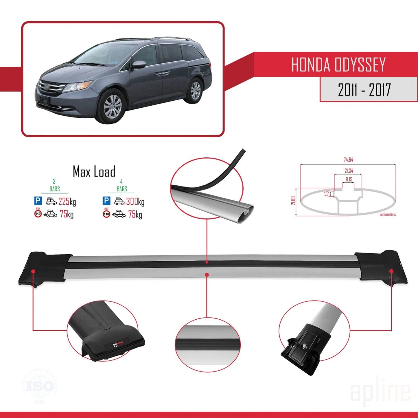 Compatible with Honda Odyssey 2011-2017 FLY Model Car Roof Rack Cross Bar Grey Aluminium 3 Bars