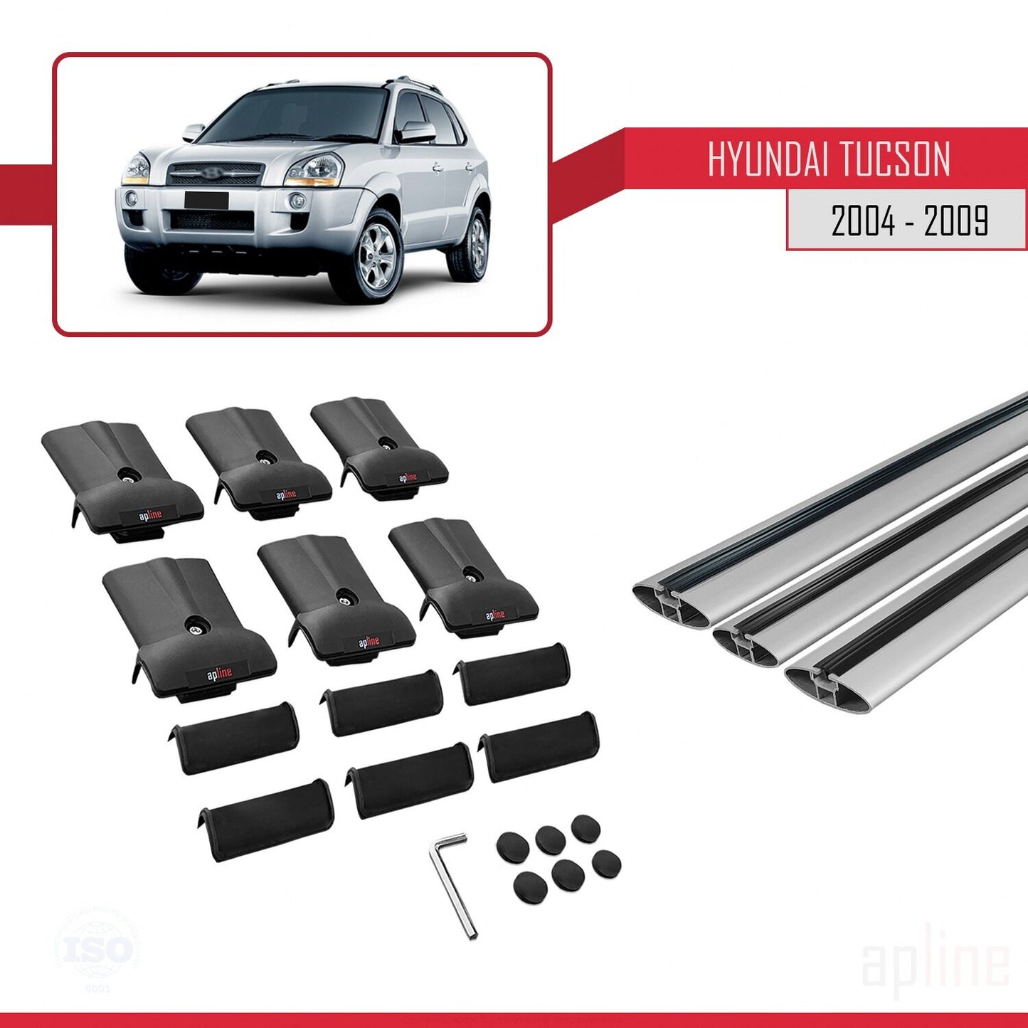 Compatible with Hyundai Tucson (JM) 2004-2009 FLY Model Car Roof Rack Cross Bar Grey Aluminium 3 Bars