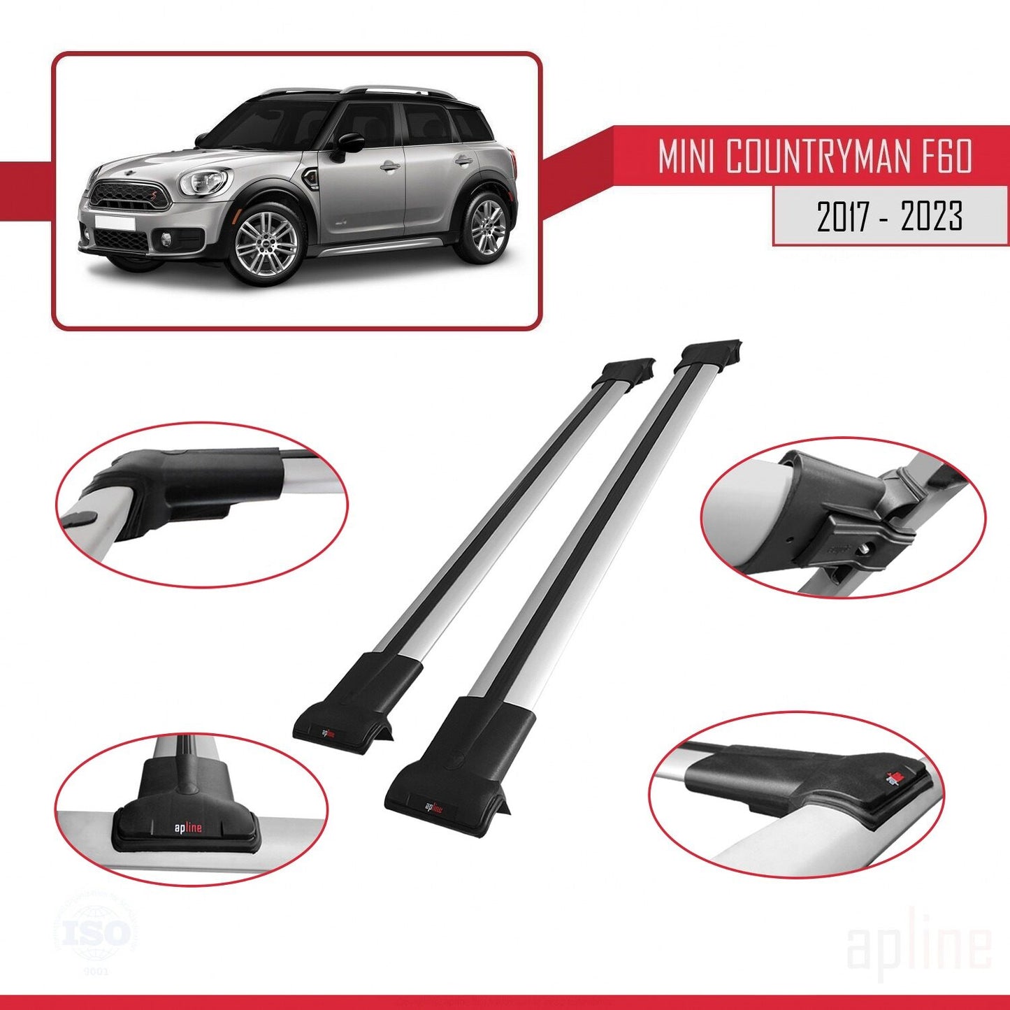 Compatible avec Mini Countryman 2 (F60) 2017-2023 FLY Model Barres de Toit Railing Porte-Bagages de Voiture Gris Aluminium 2 Barres