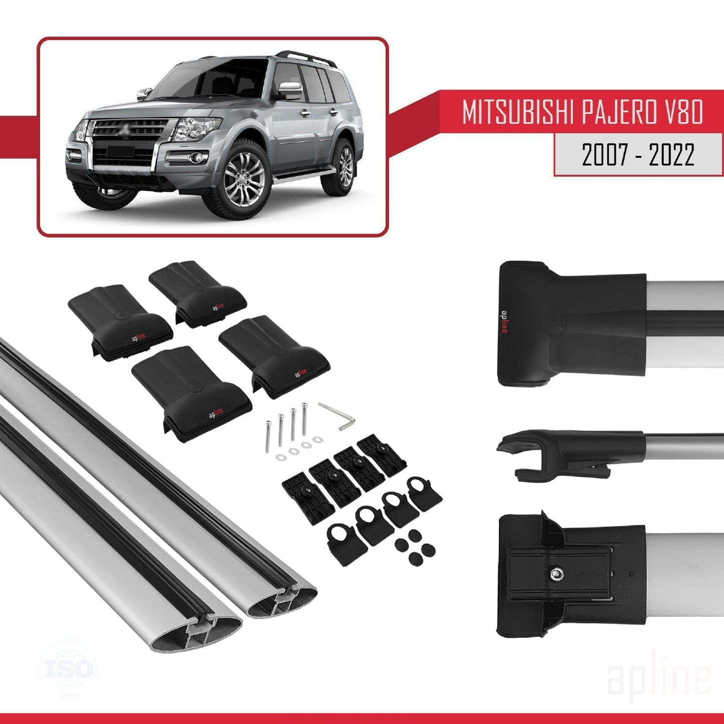 Compatible avec Mitsubishi Pajero (V80) 2007-2022 FLY Model Barres de Toit Railing Porte-Bagages de Voiture Gris Aluminium 2 Barres