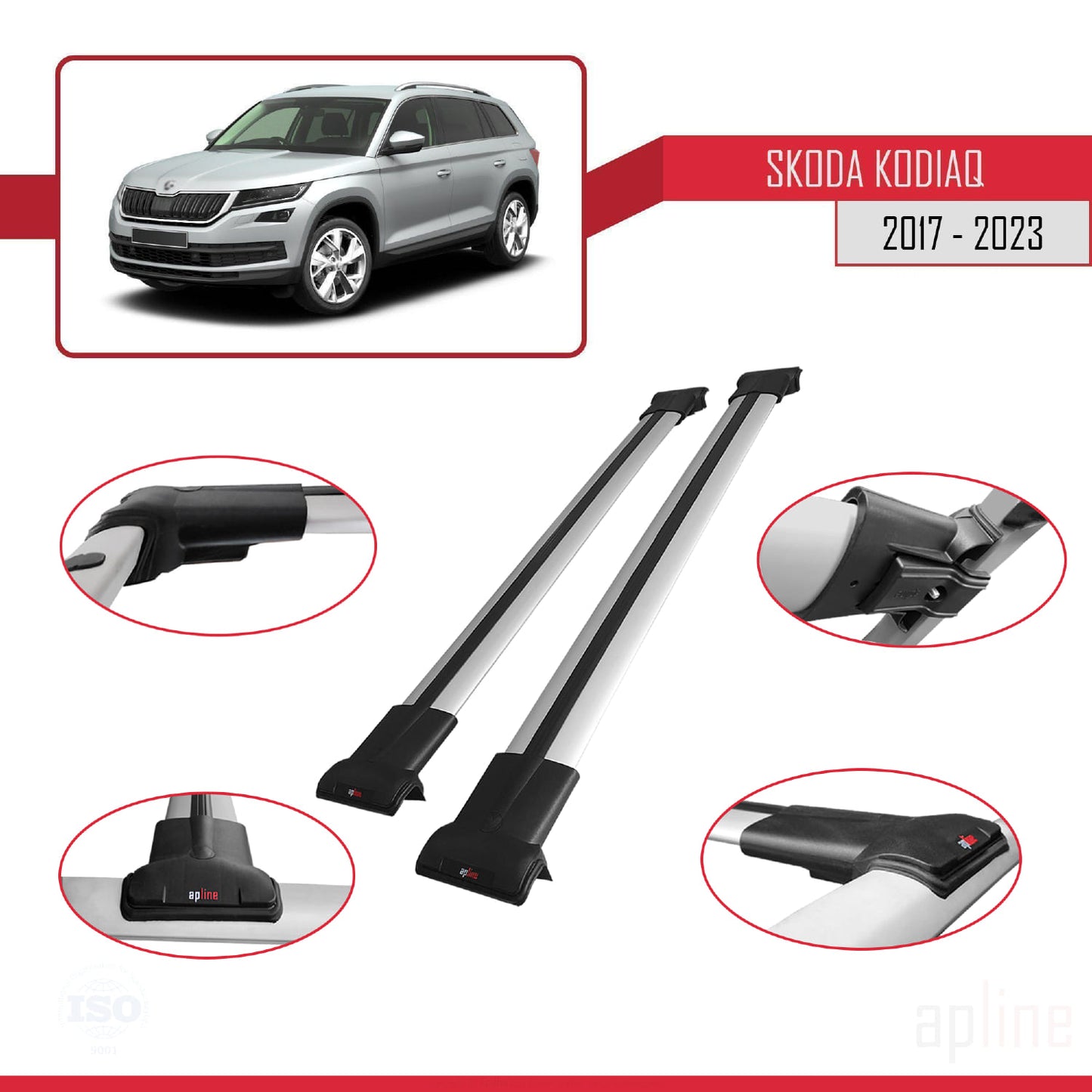 Compatible avec Skoda Kodiaq 2017-2023 FLY Model Barres de Toit Railing Porte-Bagages de Voiture Gris Aluminium 2 Barres