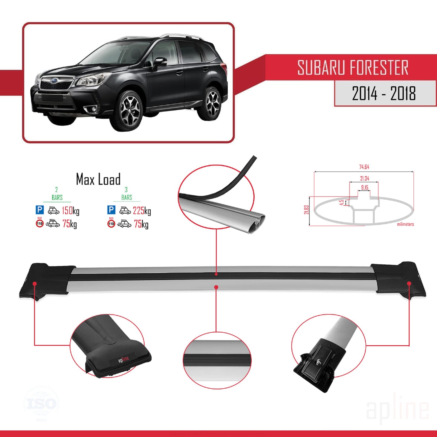 Compatible avec Subaru Forester 4 (SJ) 2014-2018 FLY Model Barres de Toit Railing Porte-Bagages de Voiture Gris Aluminium 2 Barres