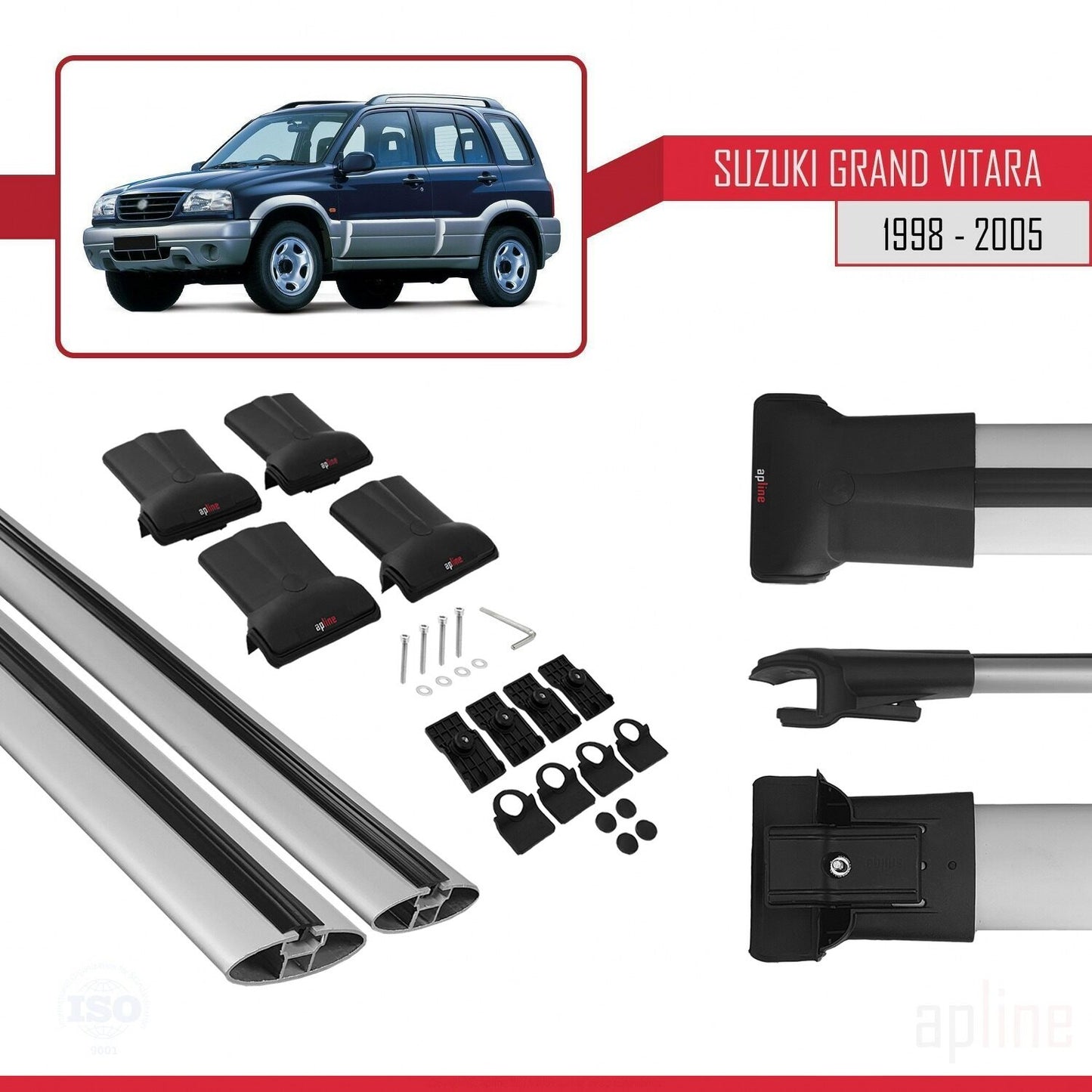 Compatible avec Suzuki Grand Vitara (FT) 1998-2005 FLY Model Barres de Toit Railing Porte-Bagages de Voiture Gris Aluminium 2 Barres
