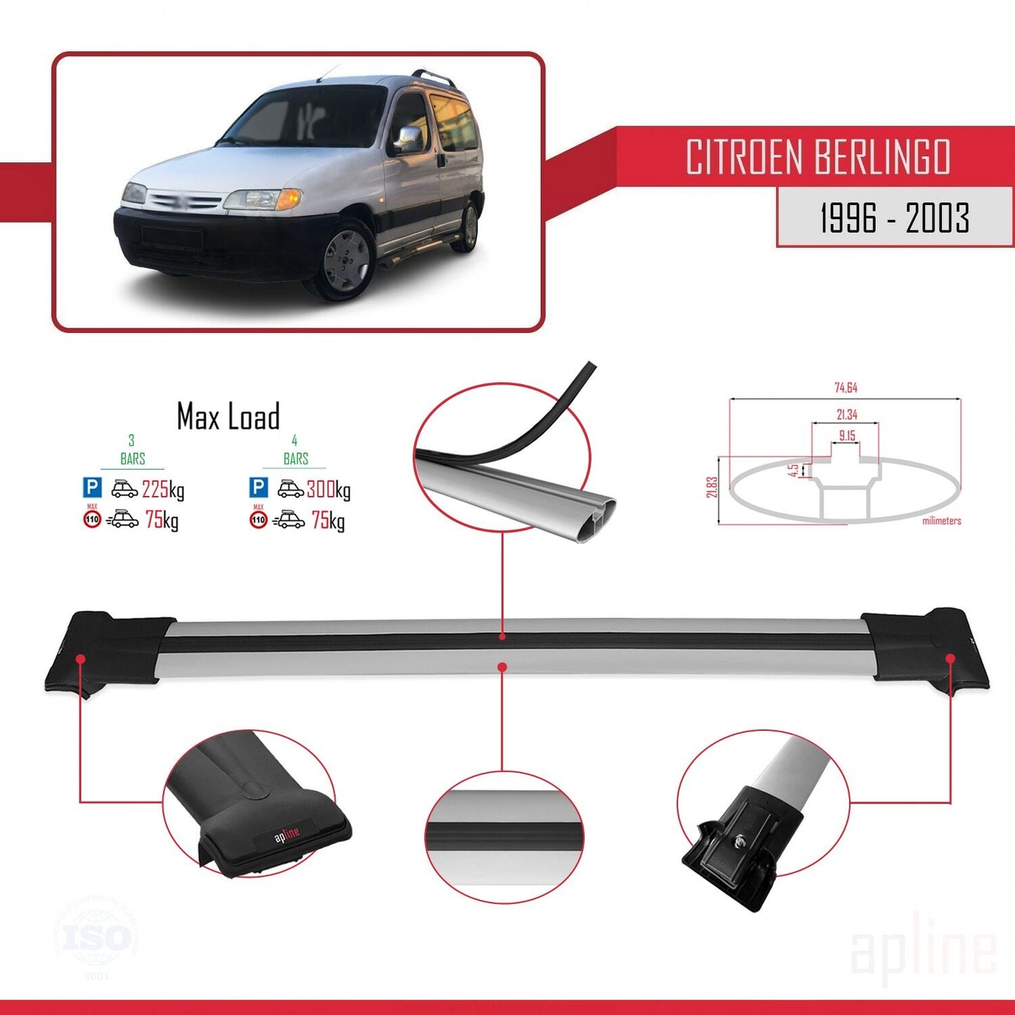 Compatible avec Citroen Berlingo (M49) 1996-2003 FLY Model Barres de Toit Railing Porte-Bagages de Voiture Gris Aluminium 4 Barres