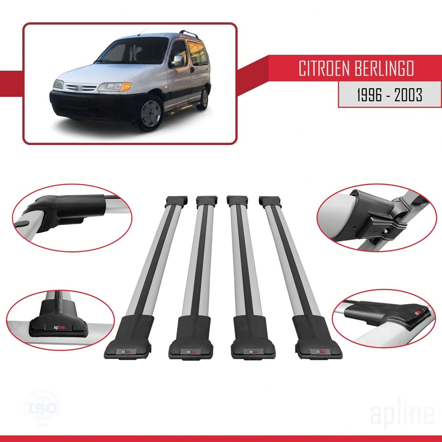 Compatible avec Citroen Berlingo (M49) 1996-2003 FLY Model Barres de Toit Railing Porte-Bagages de Voiture Gris Aluminium 4 Barres
