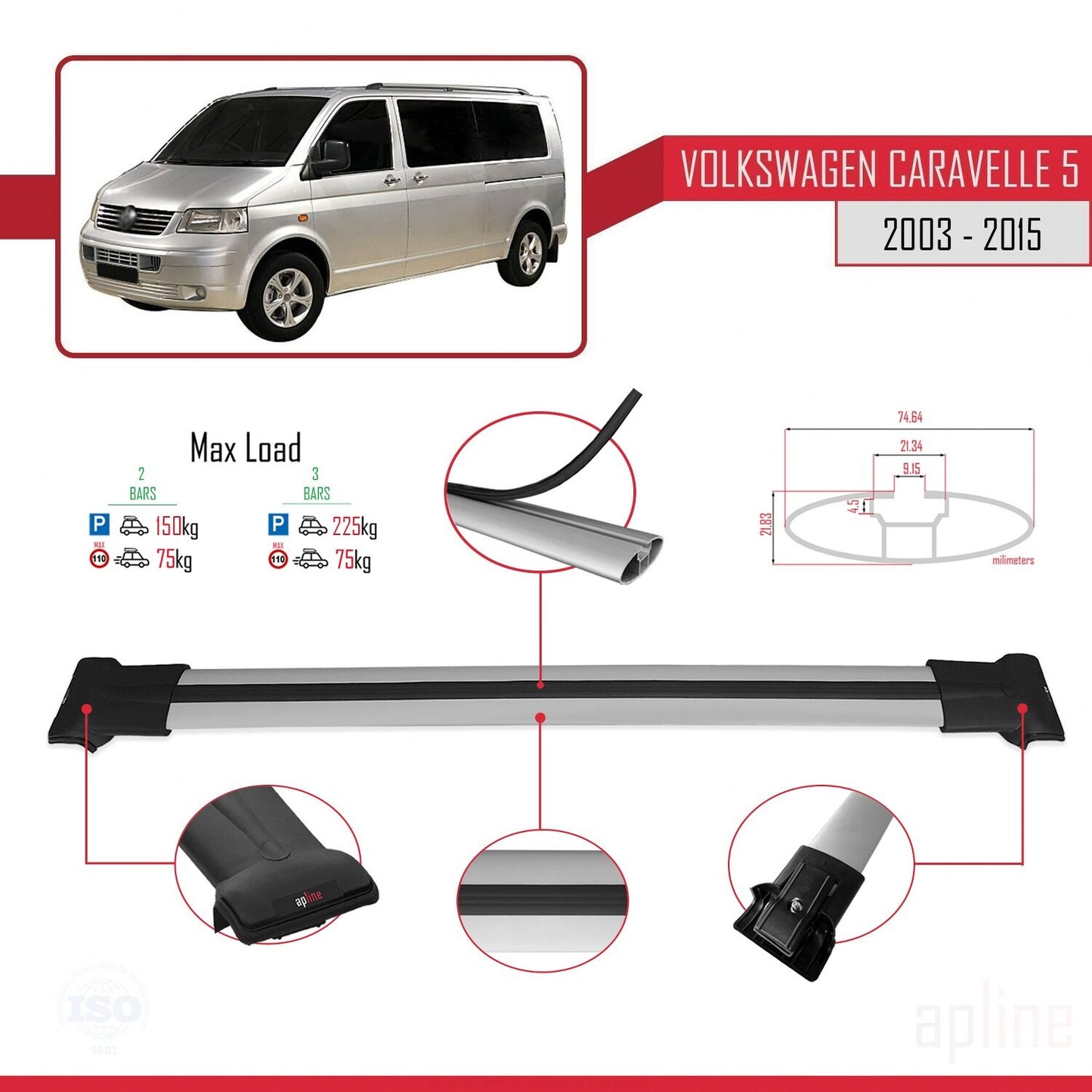 Compatible avec Volkswagen T5 Caravelle 2003-2015 FLY Model Barres de Toit Railing Porte-Bagages de Voiture Gris Aluminium 2 Barres